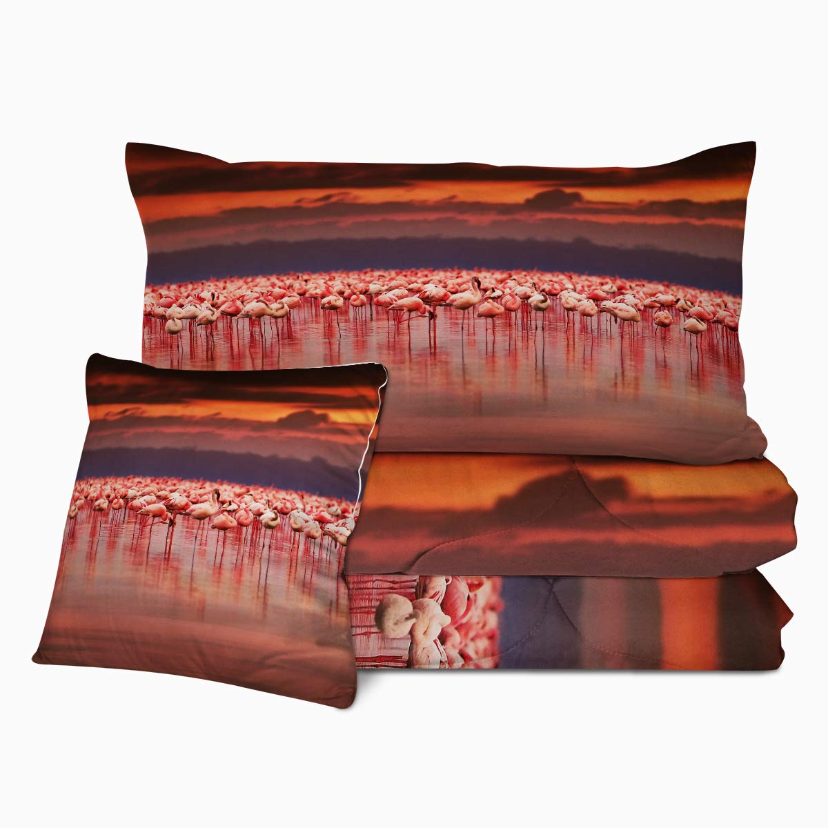 Sleepwish 3D African Flamingos Print Reversible Comforter Set - Queen Size 4-Piece Bedding with 2 Pillow Covers & Cushion Cover, Sunset Tropical Design for Stylish Bedroom Decor | Perfect for Guest Rooms, Vacation Homes & Bohemian Bedroom Themes
