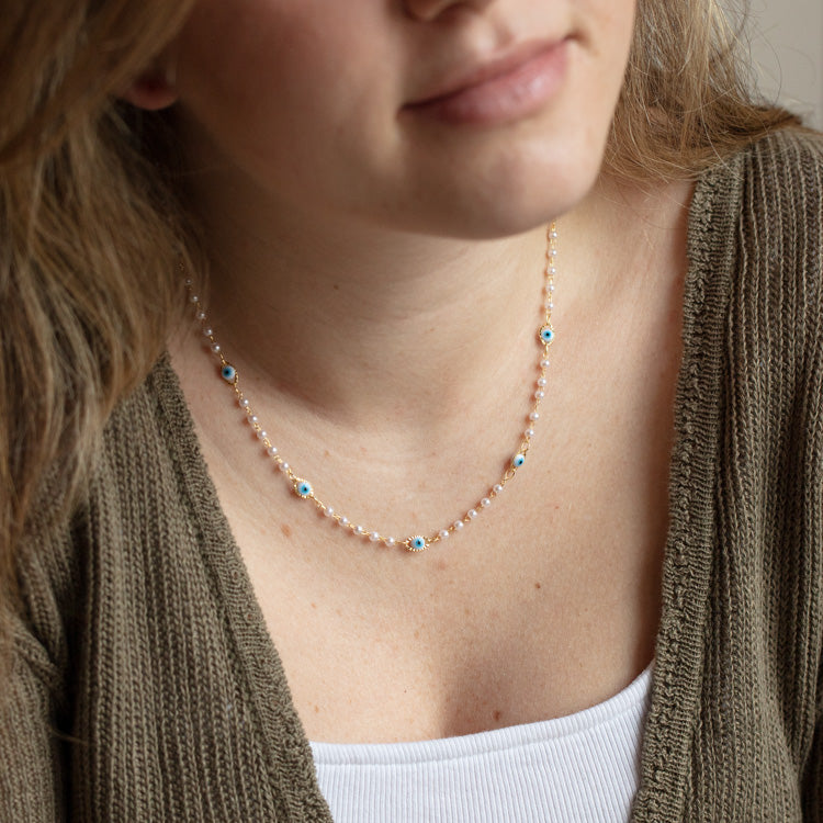 Evil Eye Pearl Necklace for Women - Elegant Dainty Jewelry Gift for Protection & Good Luck - Perfect for Everyday Wear, Parties & Special Occasions