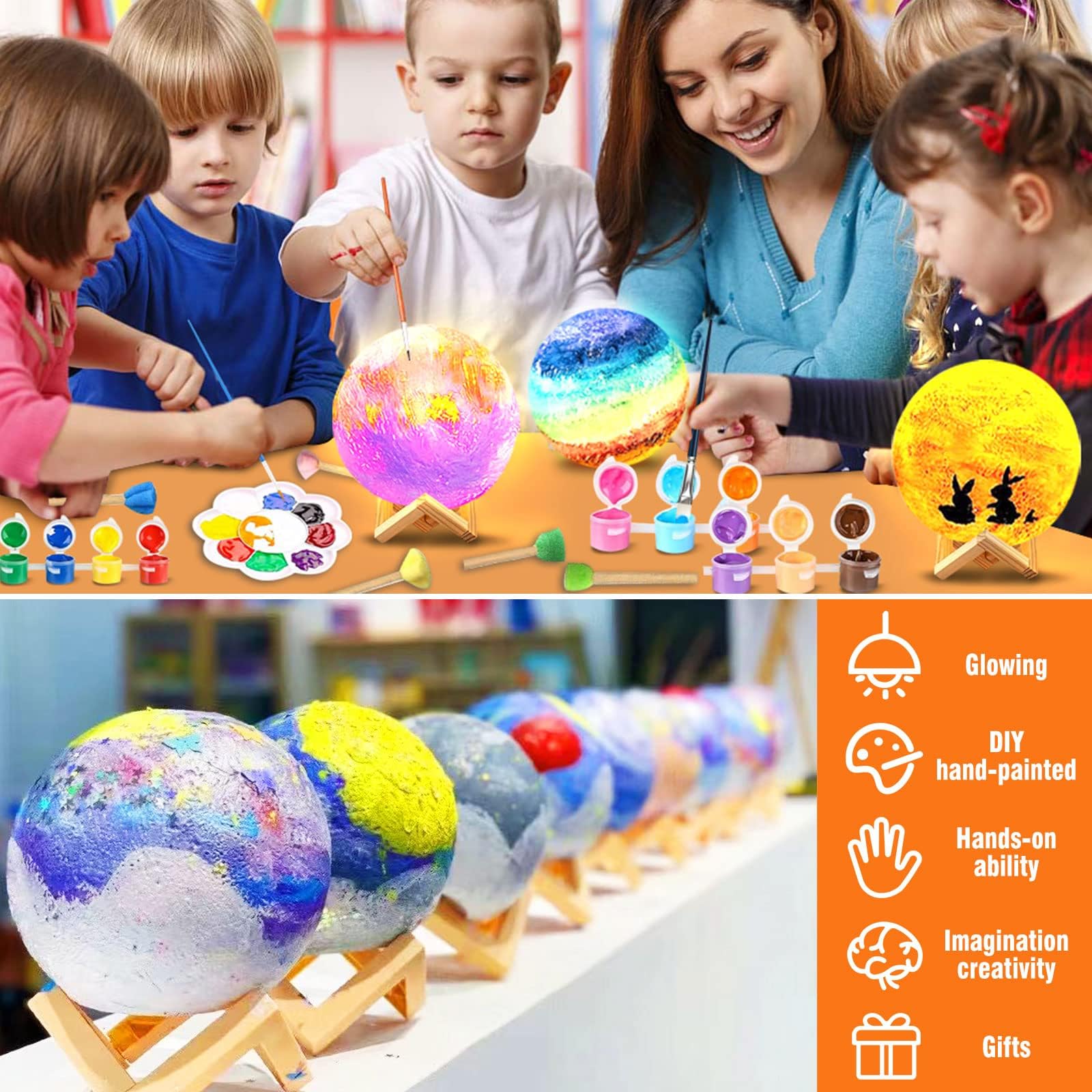DIY Moon Lamp Painting Kit - Glow in The Dark Night Light with Plastic Stand, Space Themed Kids Art & Craft Project, Creative Gift for Teens Girls & Boys Ages 3-12 | Bedroom Decor, Birthday Present, Science Learning Toy, Relaxing Night Light for Kids Room