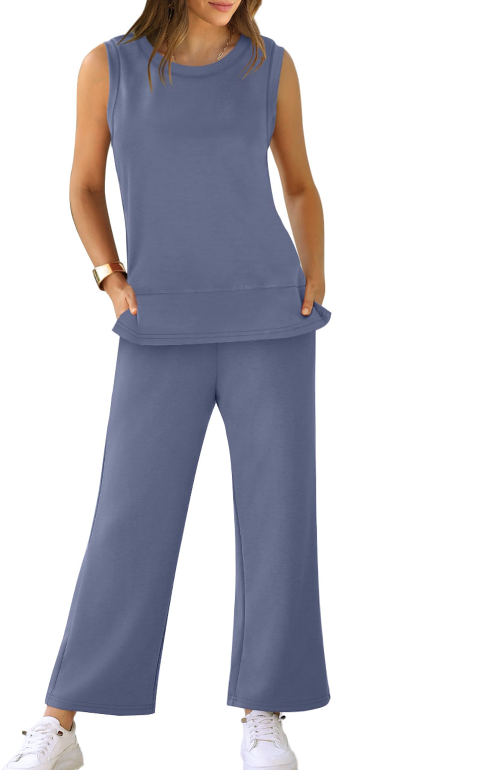 XIEERDUO Women's 2 Piece Tracksuit Set - Summer Sleeveless Lounge Outfit with Wide Leg Pants, Casual Matching Sweatsuit for Women (Blue) - Perfect for Yoga, Gym, Travel & Home Relaxation