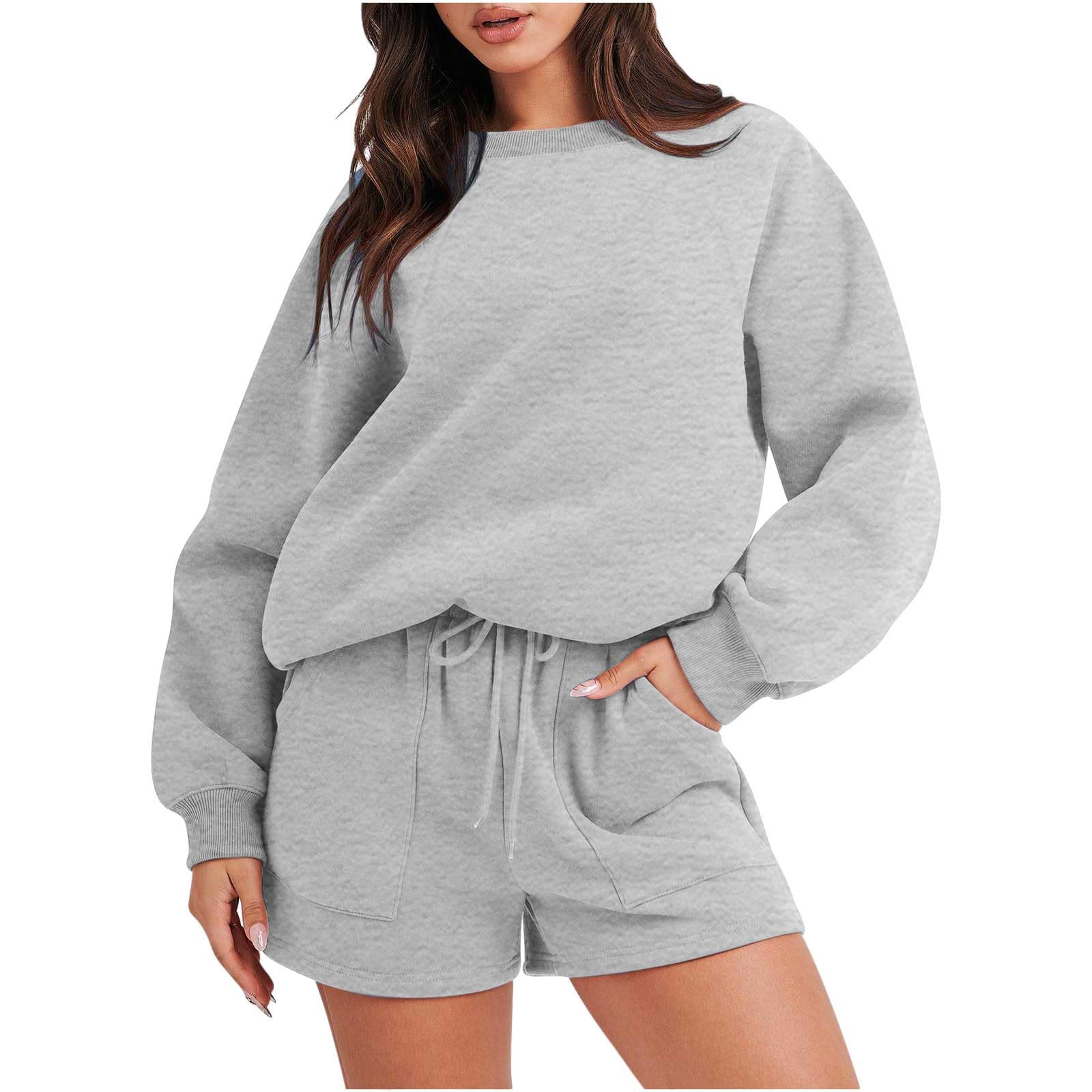 Trendy Oversized 2-Piece Lounge Sets for Women - V-Neck Button Sweatshirt & Shorts Outfit | Cozy Fall Casual Wear for Home, Travel & Relaxation