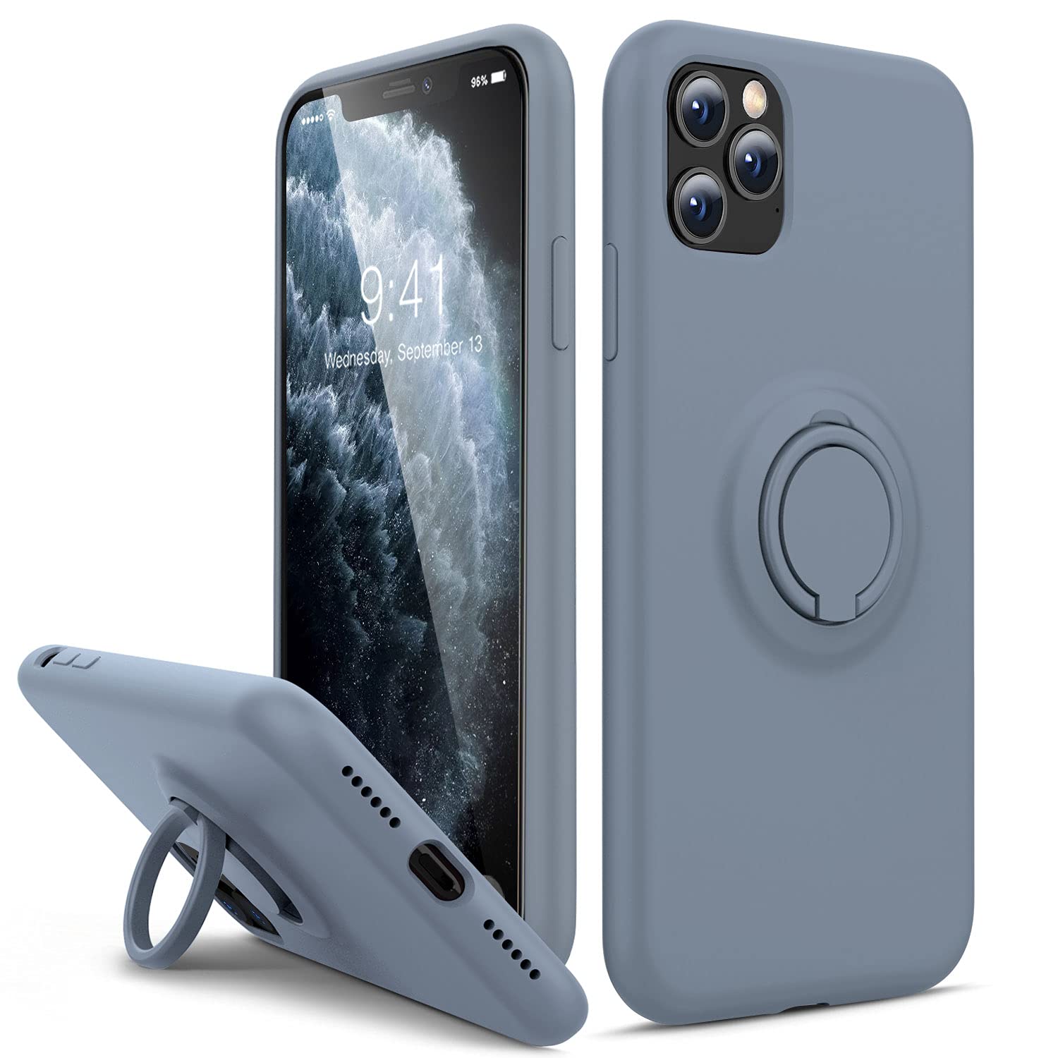 Thomo Liquid Silicone iPhone 11 Pro Max Case with Ring Holder & Kickstand - Anti-Scratch Microfiber Lining, Full Body Protective Cover (Lavender Grey) - Perfect for Work, Travel, and Everyday Use