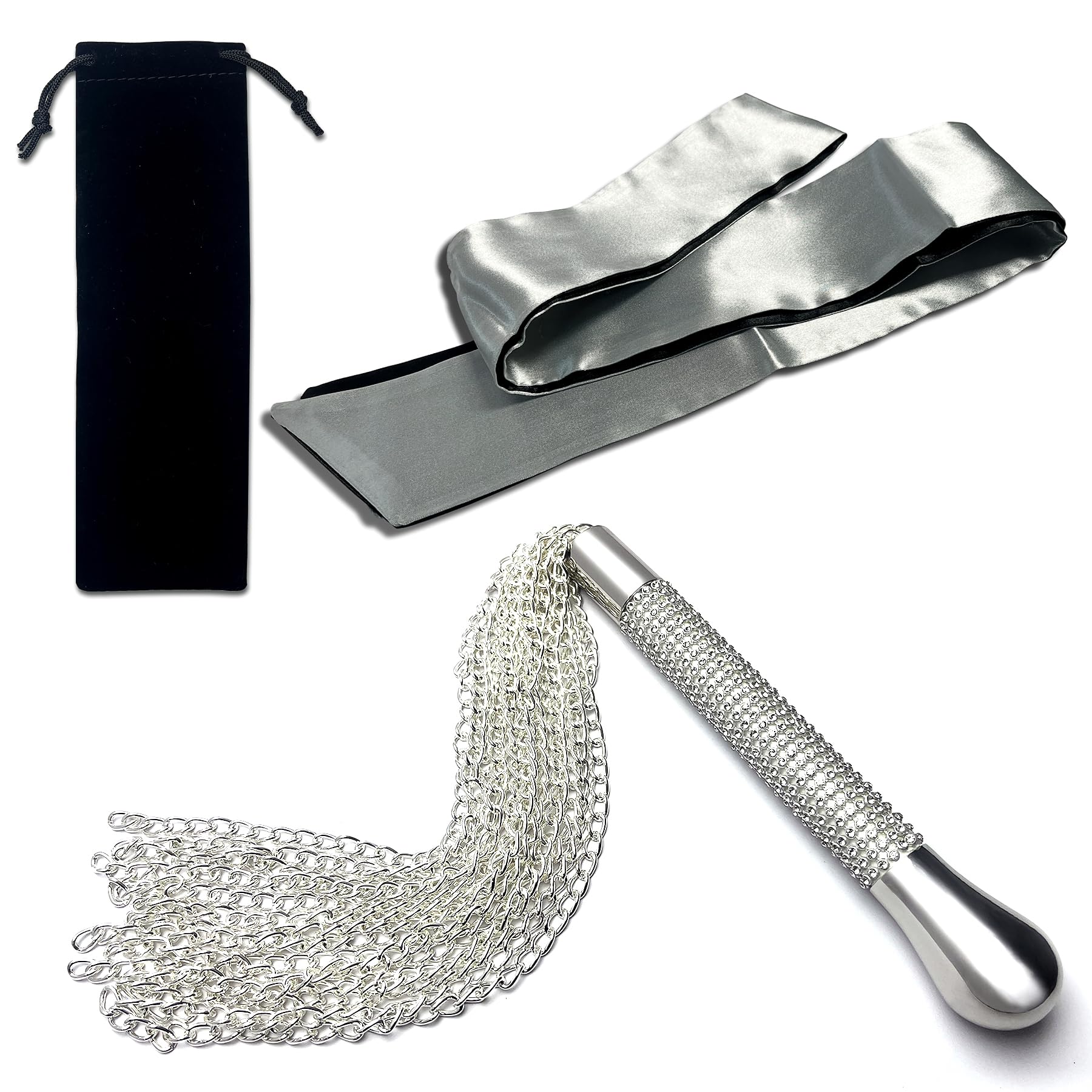 BDSM Metal Diamond Handle Chain Whip & Adjustable Satin Sex Mask Set - 3 Pcs Bondage Gear for Couples Role Play, Spanking, Sensory Play & Kinky Fantasy Fetish Accessories