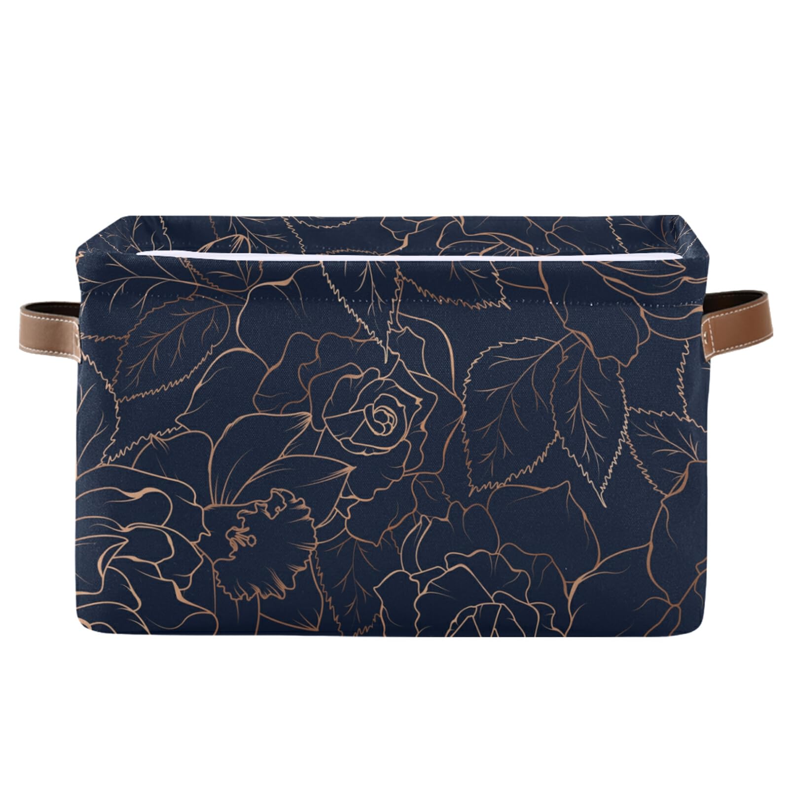 AGONA Large Foldable Storage Bin - Navy Blue, Gold Rose Peony Floral Design - Collapsible Fabric Storage Basket with Leather Handles - Perfect for Home, Closet, Bedroom, Nursery Organization (1 Pack) - Ideal for Toy Storage, Blanket Organization & Seasonal Decor