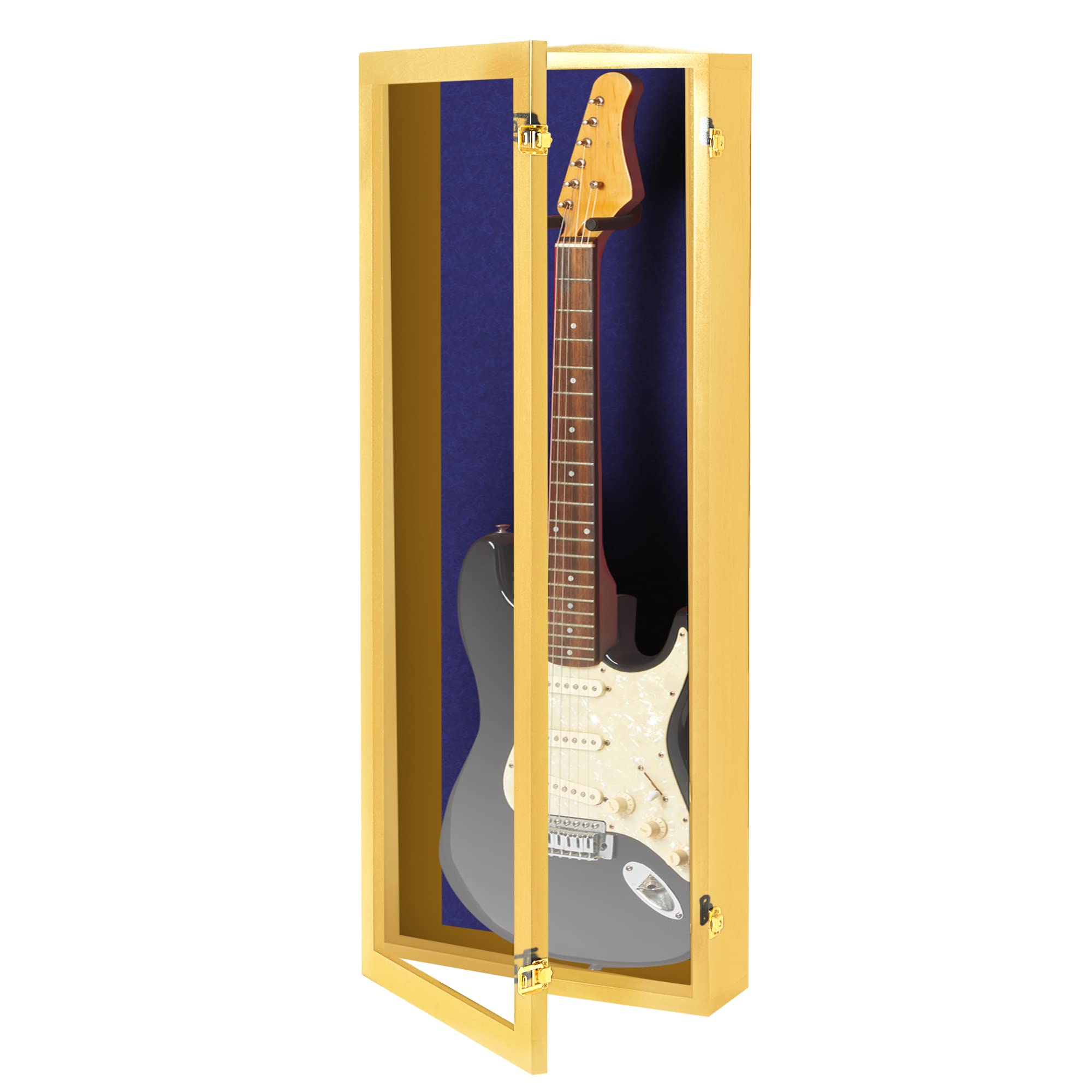 Premium Acrylic Electric Guitar Display Case with Hardwood Frame - Wall Mount Guitar Case in Golden Oak & Blue Felt - Perfect for Home, Studio & Music Store Displays