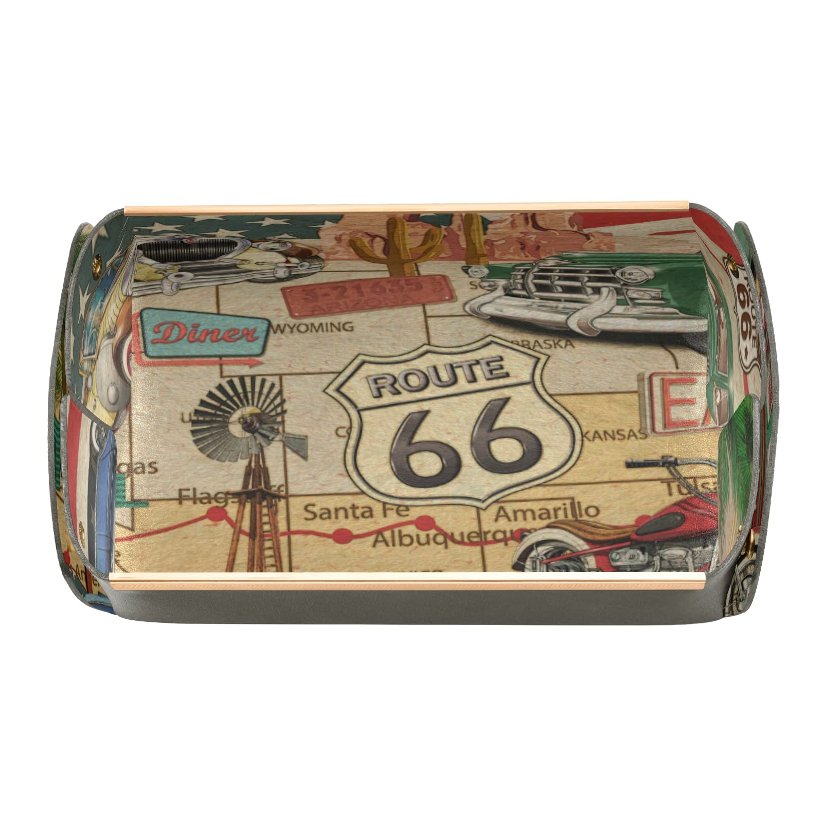 Vintage Route 66 American Flag Leather Desk Organizer - Car & Motorcycle Design Storage Box for Office & Home - Perfect for Keys, Phones, Jewelry, Watches, Coins, Wallets & Cosmetics - Ideal for Travel Lovers & Road Trip Enthusiasts