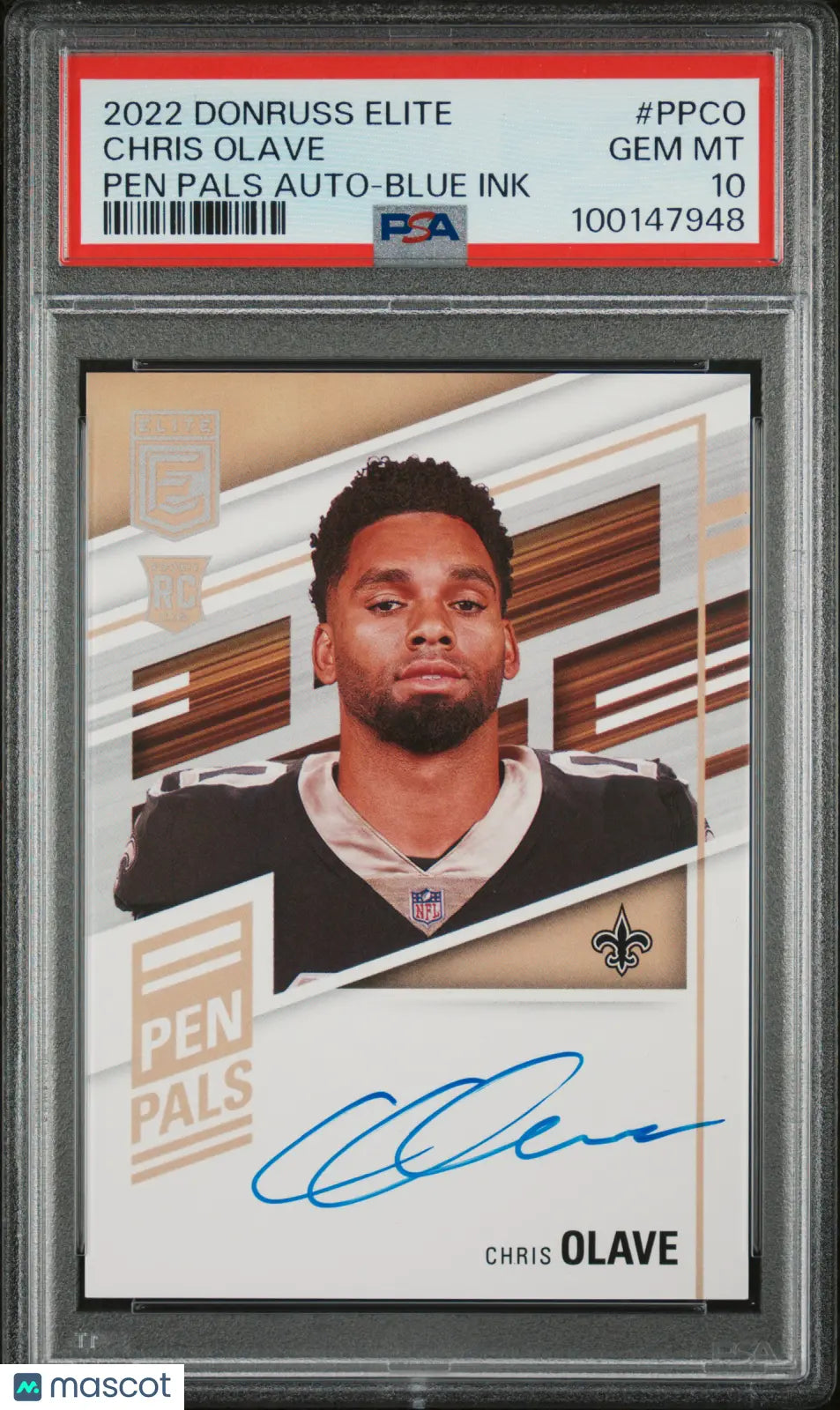 2022 Panini Donruss Elite Pen Pals Autographs Blue Ink Chris Olave PSA 10 - Rare Football Trading Card for Collectors & Investors - Perfect for Sports Memorabilia Displays & Investment Portfolios
