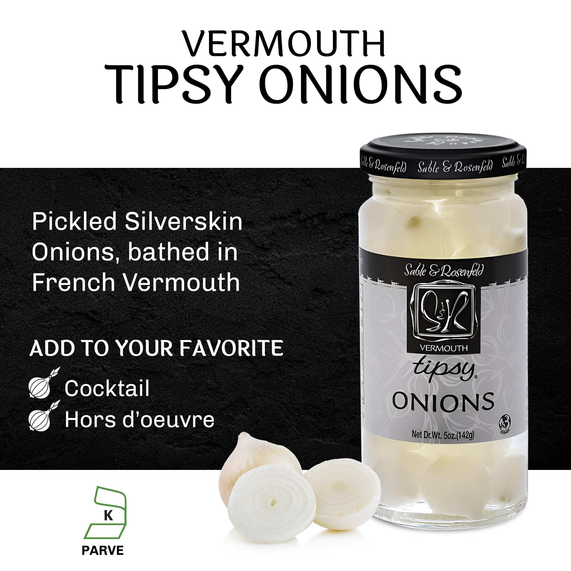 Premium Tipsy Cocktail Onions in Jar with French Vermouth - Pickled Silverskin Onions for Martinis, Gibsons & Cocktails | Kosher Parve Appetizer & Hors d'Oeuvres Ingredient by Sable & Rosenfeld - 5 oz (Pack of 6) - Perfect for Home Bars, Dinner Parties & Gourmet Gift Baskets