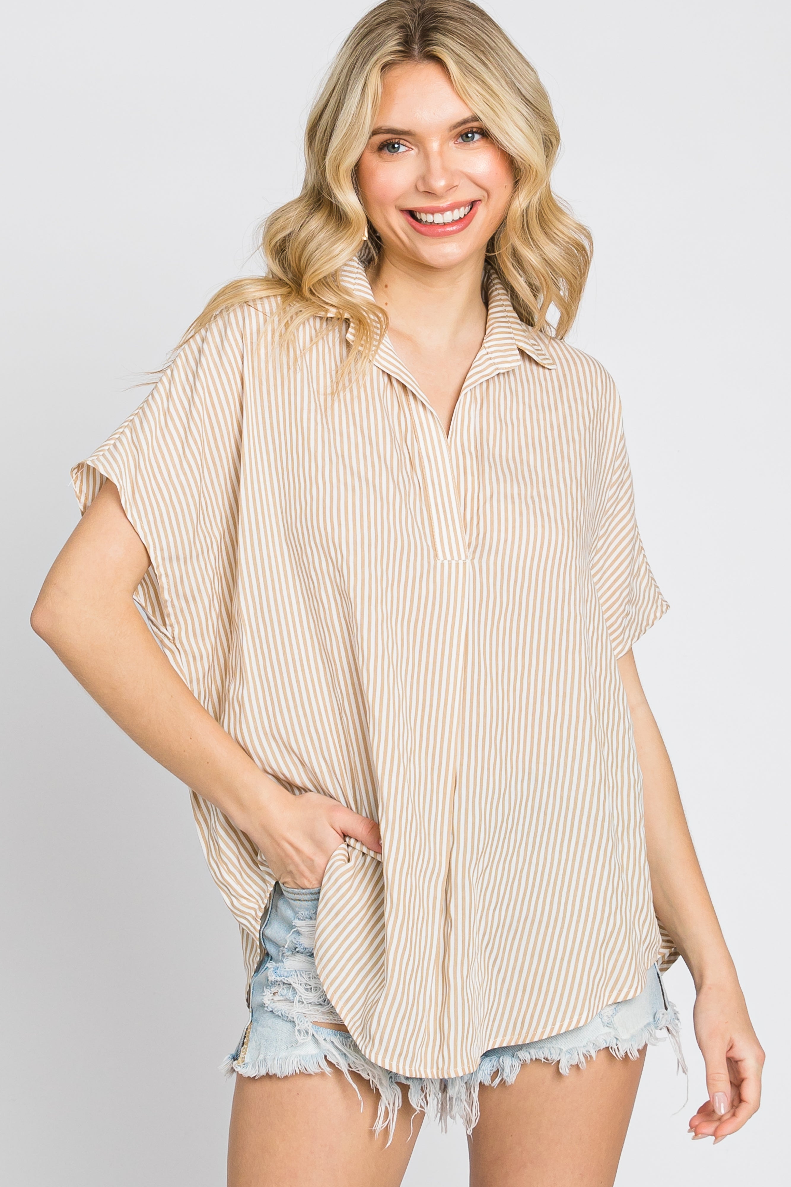 Beige Collared Short Sleeve Maternity Top for Women - Comfortable Pregnancy Blouse for Work & Casual Wear | Perfect for Office, Maternity Photos & Everyday Outfits