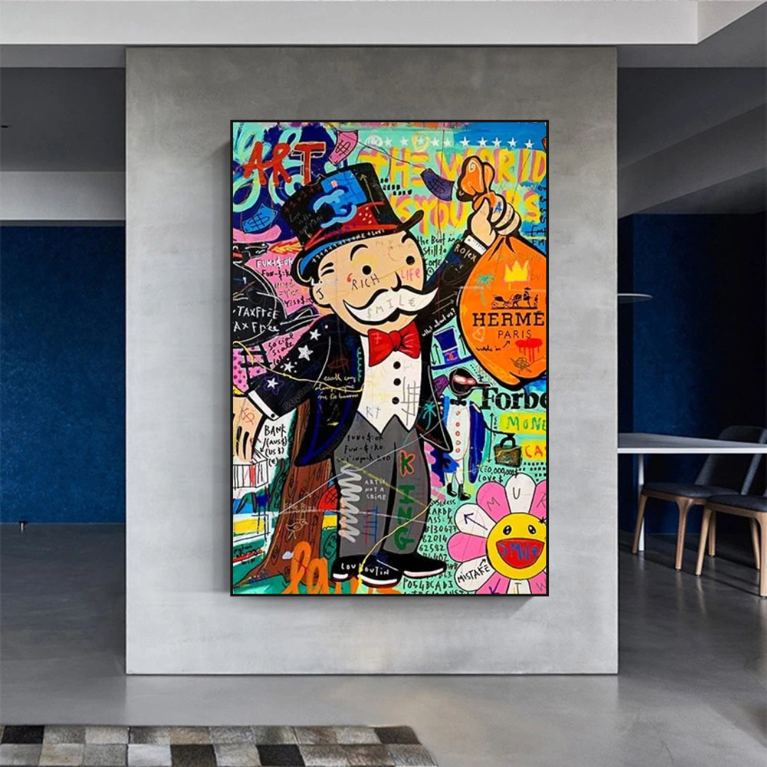 Alec Monopoly 'The World is Yours' Money Bag Canvas Wall Art - Pop Art Home Decor for Living Room, Office & Game Room