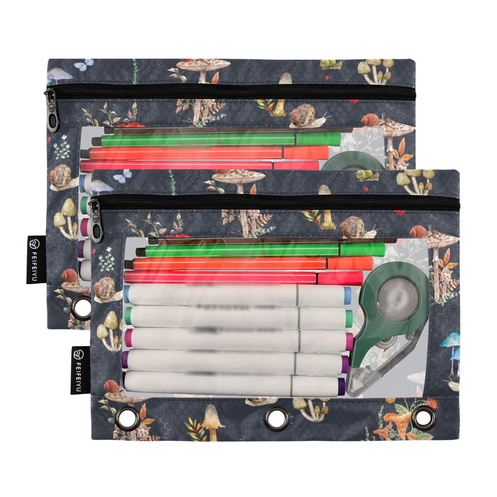 3 Ring Binder Pencil Pouch 2 Pack - Mushroom Snail Design Zippered Pencil Case, Clear PVC Binder Pockets for School, Office & Daily Organization Supplies | Perfect for Backpacks, Notebooks & Stationery Storage