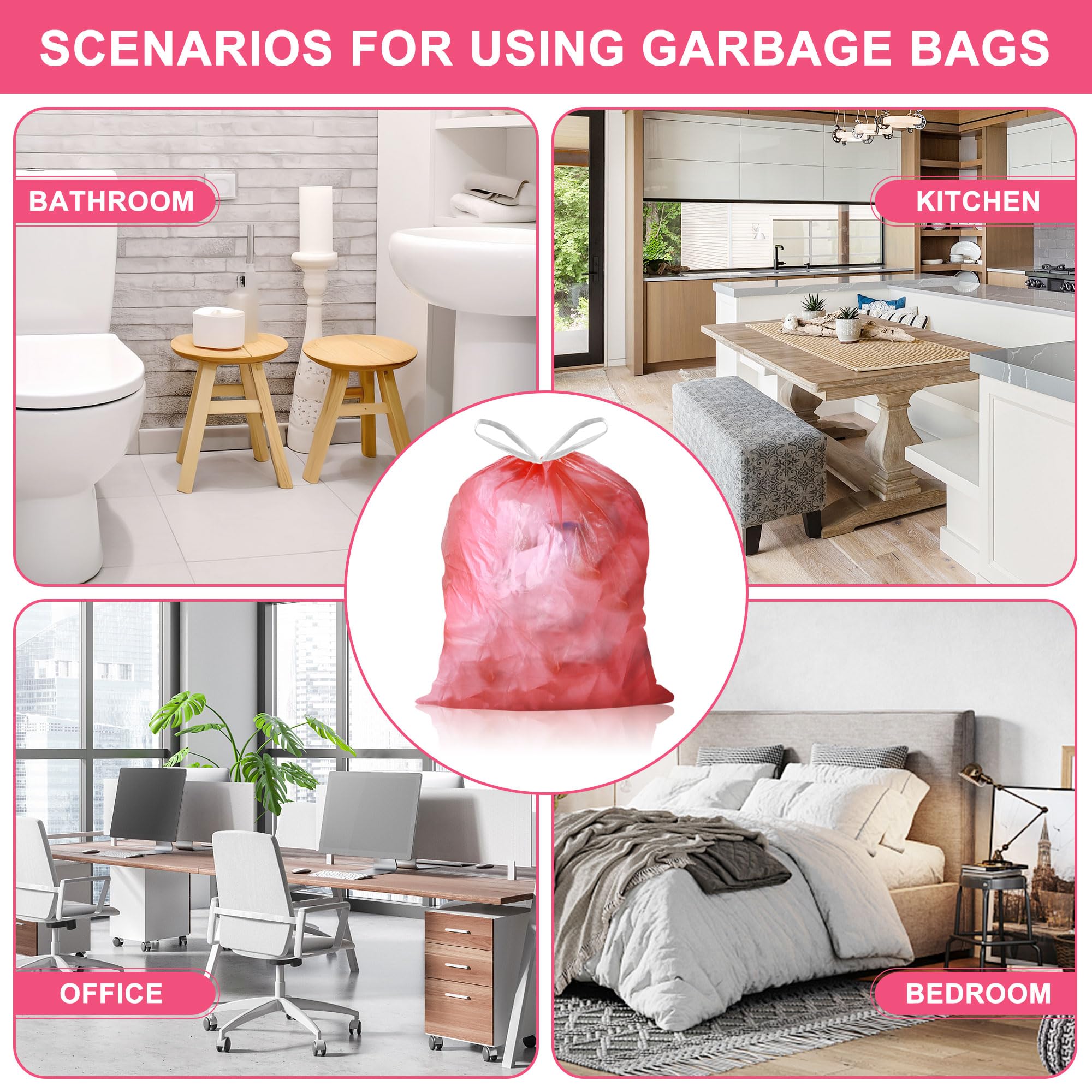 JUKFITA 4 Gallon Drawstring Trash Bags - 100 Count Extra Strong Small Garbage Bags | Unscented Trash Can Liners for Bathroom, Restroom, Office & Kitchen | Perfect for Small Bins, Wastebaskets & Mini Trash Cans (Red)