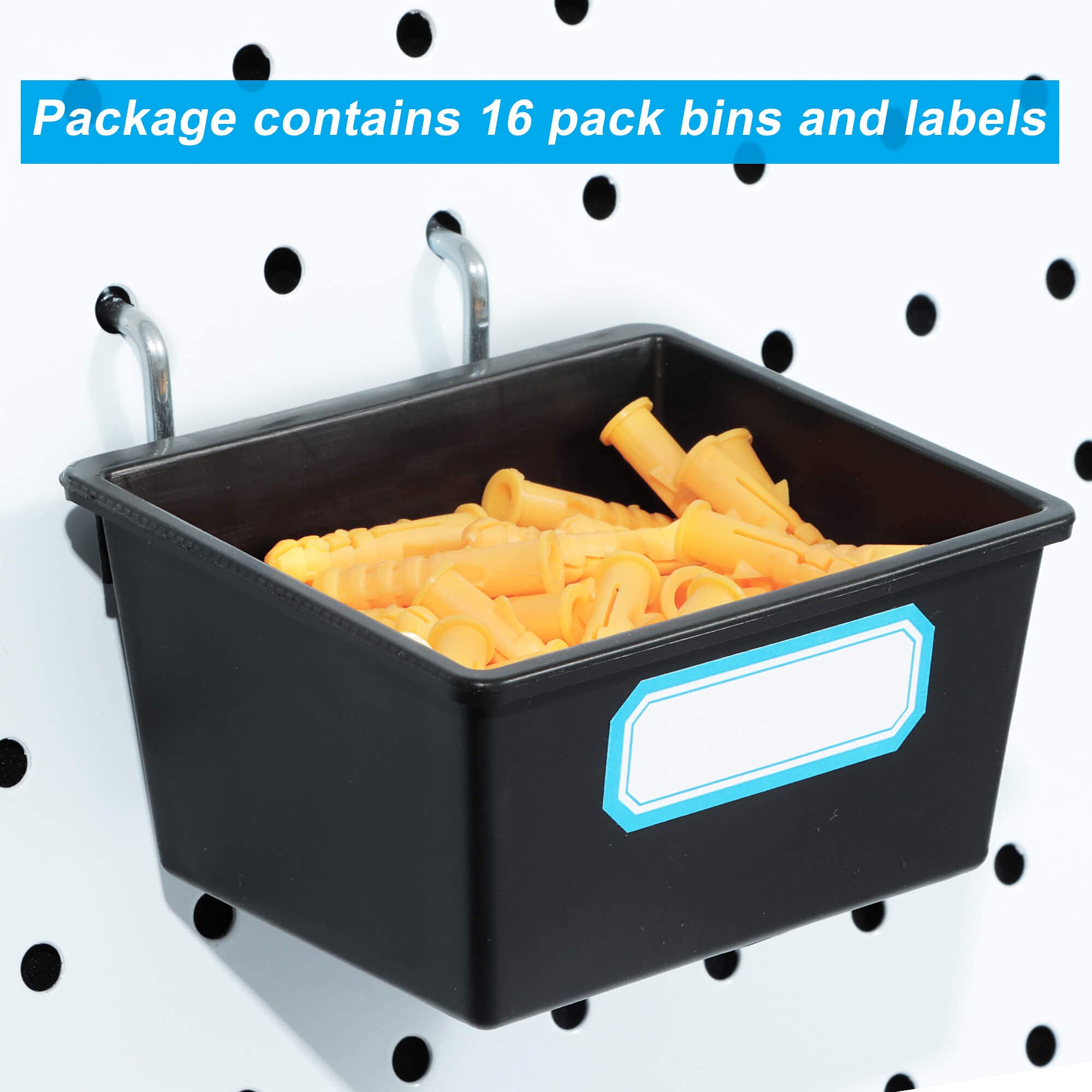 FRIMOONY 16 Pack Black Pegboard Bins with Hooks & Labels - Wall Mount Storage Organizer for Tools, Craft Supplies, Garage & Workshop Organization - Perfect for Home, Office & DIY Projects