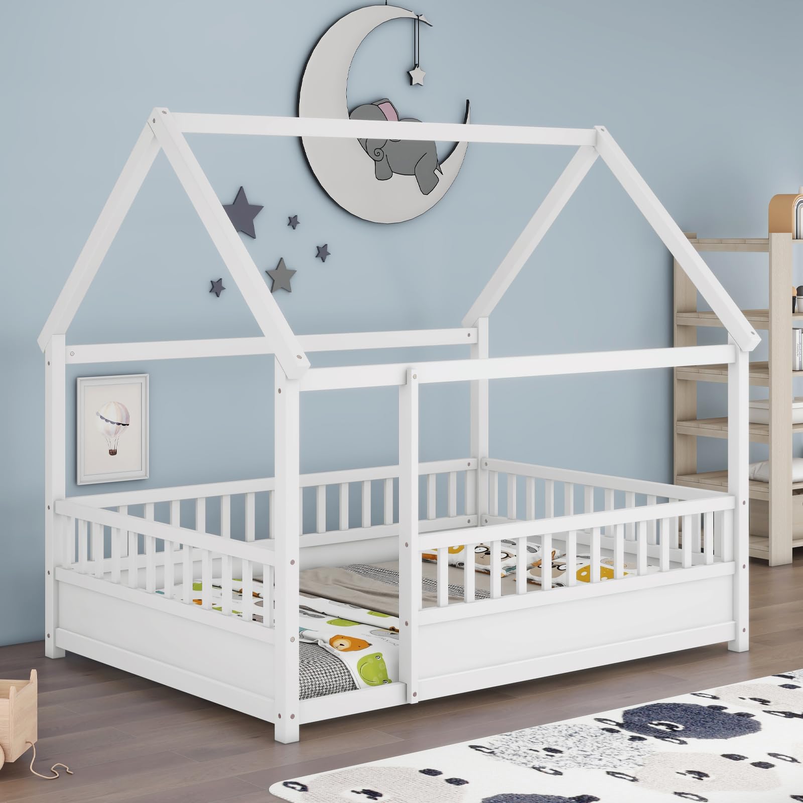 Full Size Wooden House Bed with Roof & Fence - Playhouse Style Montessori Floor Bed for Kids, Teens, Boys & Girls - White (No Bed Slats) - Perfect for Bedrooms, Playrooms & Montessori Learning Spaces
