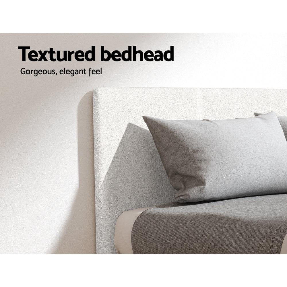 Coogee Queen Bed Frame - Soft White Bouclé Upholstered Platform Bed with Wooden Legs | Modern Bedroom Furniture for Master & Guest Rooms