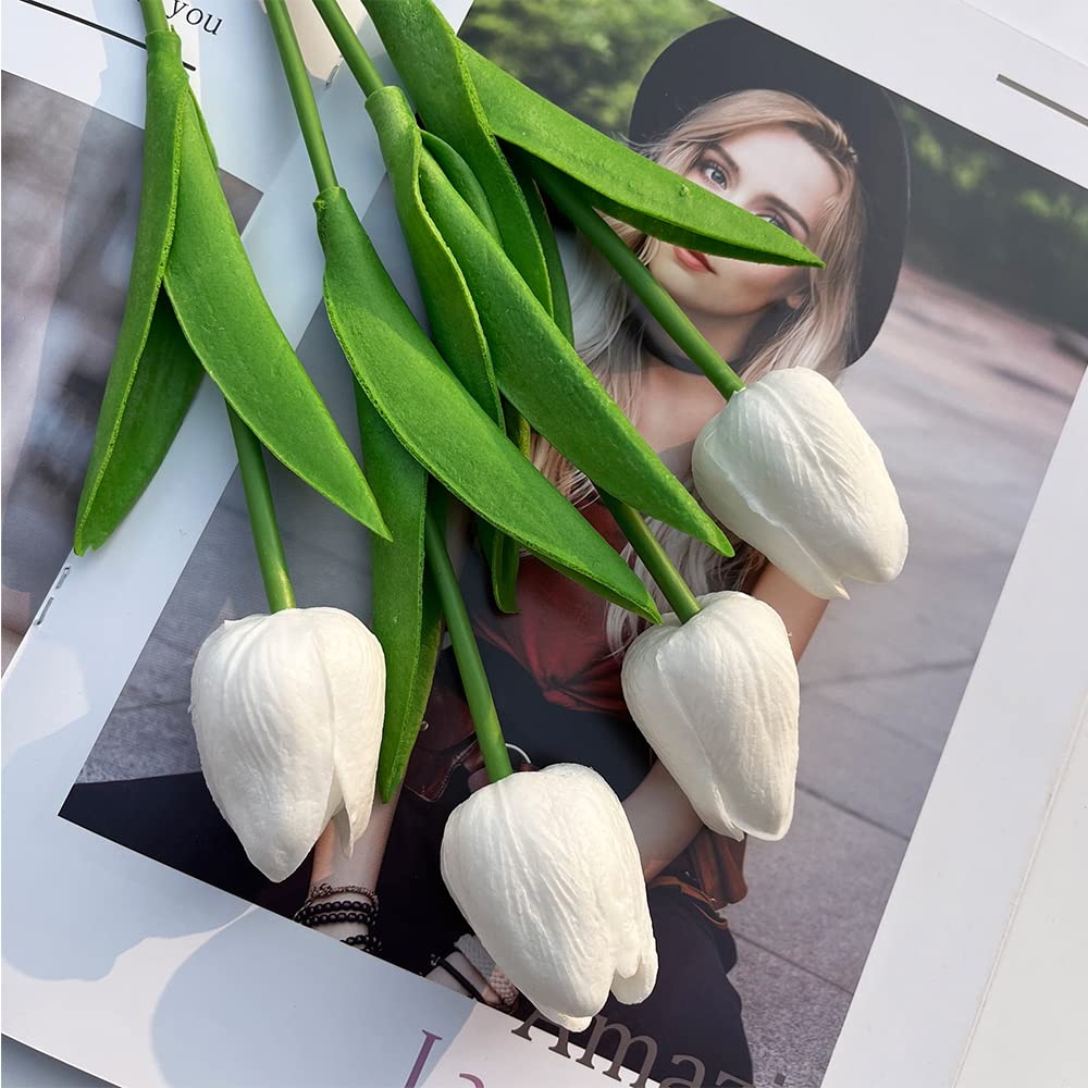 10 Pcs Realistic PU Touch Tulips Artificial Flowers - White Fake Tulip Bouquets for Home, Office, Wedding & Party Decor (Perfect for Centerpieces, Table Arrangements & Gift Wrapping)