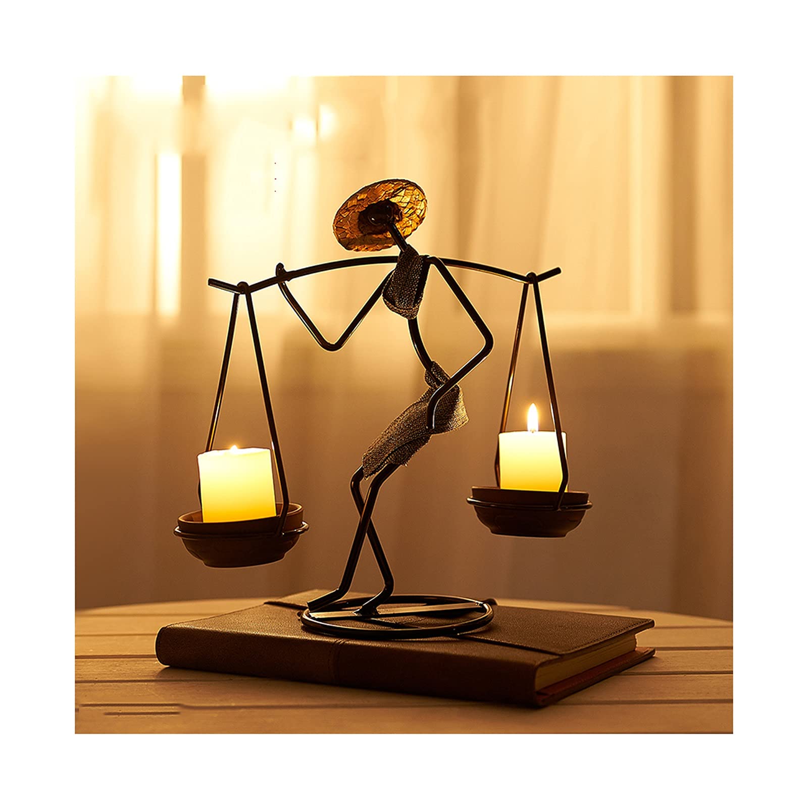 WENMENG2021 Vintage Wrought Iron Taper Candle Holder - Blue Skirt Design with Clear Glass, Small Metal Desktop Decor for Romantic Dinner, Wedding Centerpiece & Home Decoration