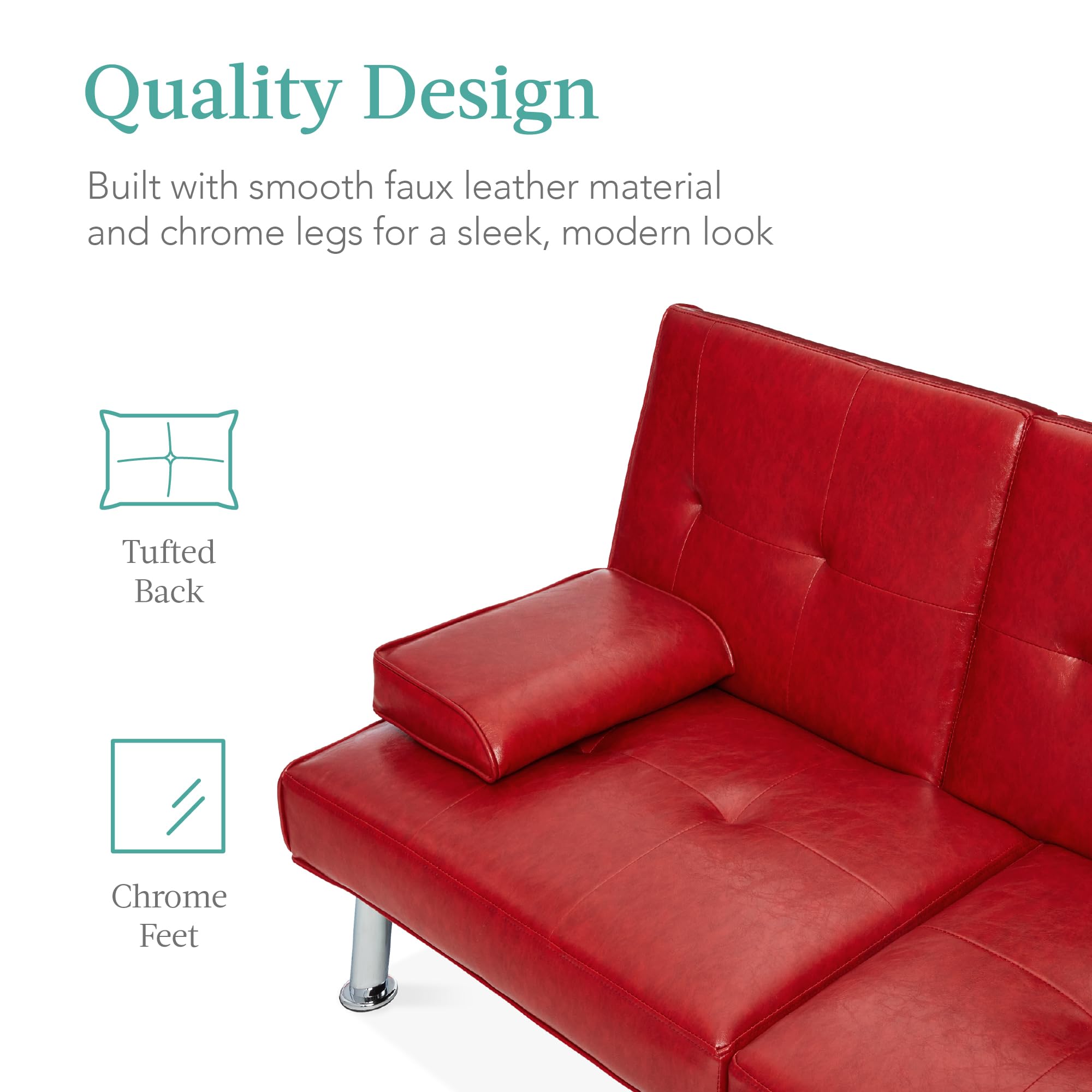 Best Choice Products Faux Leather Convertible Futon Sofa Bed - Adjustable Folding Guest Bed with Removable Armrests, Modern Upholstered Design in Red - Perfect for Small Spaces, Apartments & Home Offices