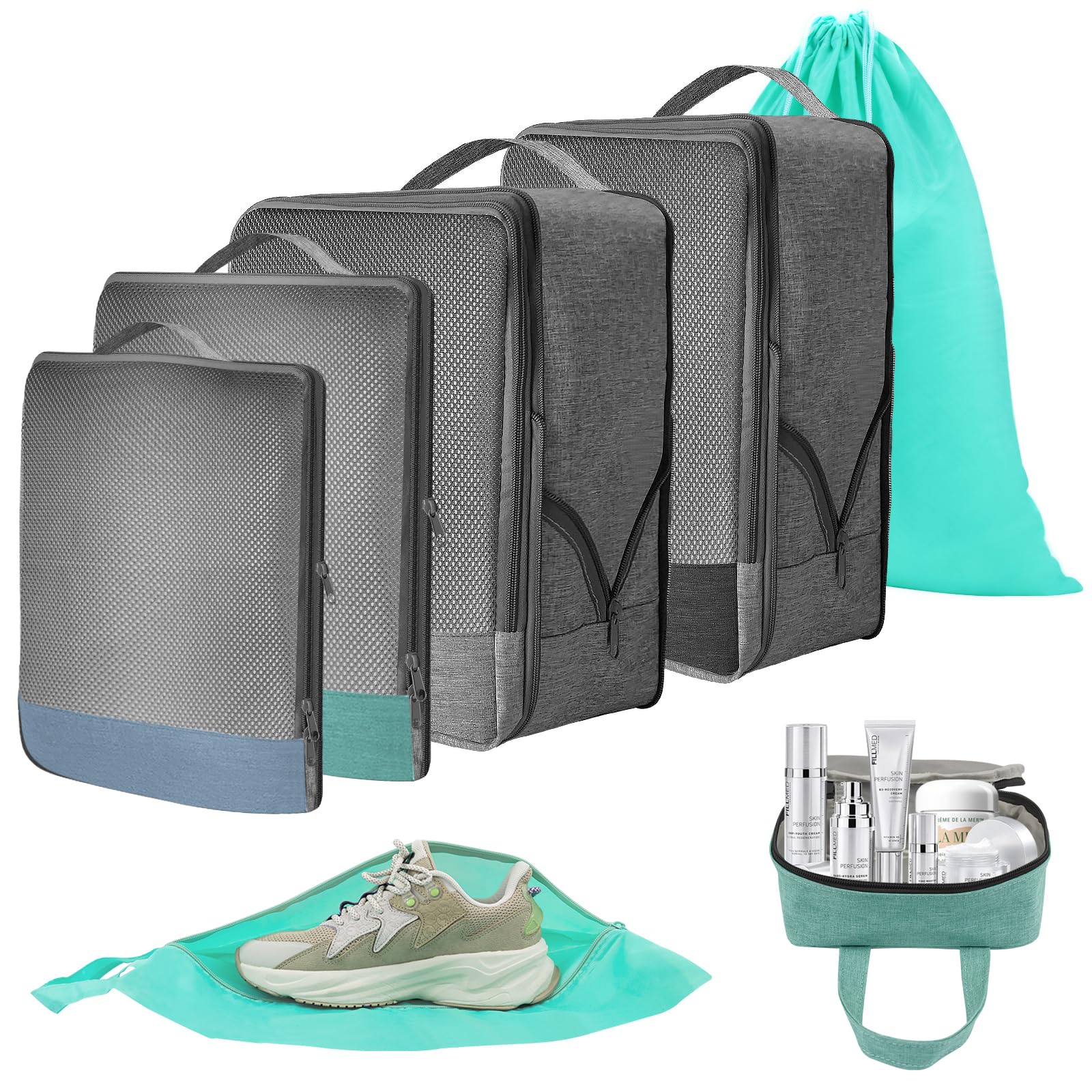 7-Piece Compression Packing Cubes Set for Travel – Organize Suitcases & Backpacks | Mesh Travel Organizer Bags for Efficient Packing | Perfect for Carry-On Luggage, Business Trips & Vacations