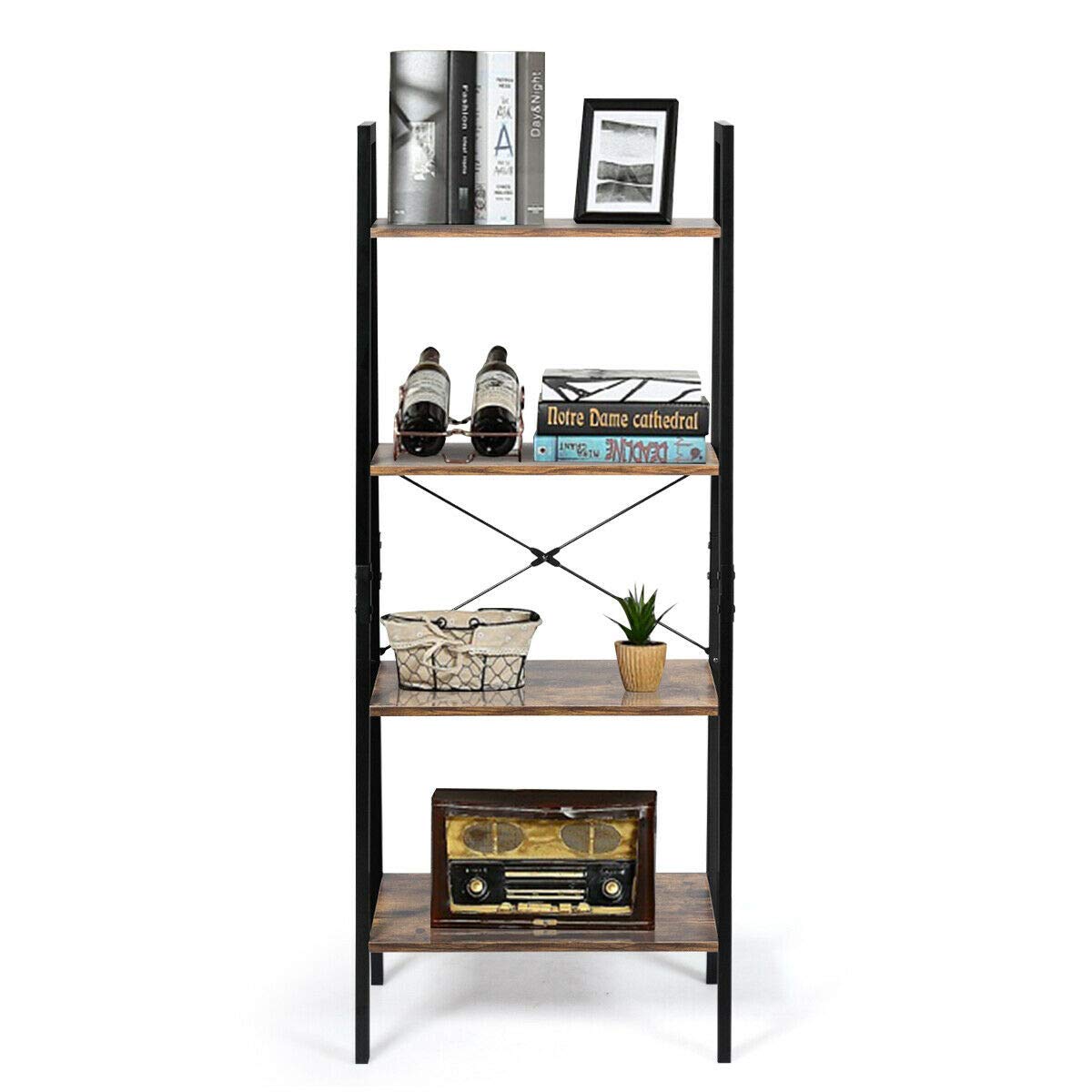 4-Tier Industrial Ladder Shelf - Modern Bookshelf Storage for Living Room, Office & Bathroom - Multifunctional Plant Stand & Bookcase - Space-Saving Home Decor Solution