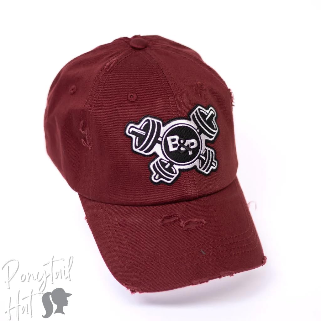 Barbells & Ponytails Baseball Cap - Adjustable Ponytail Hat for Women in Solid Maroon | Gym, Running, Workout & Outdoor Activities