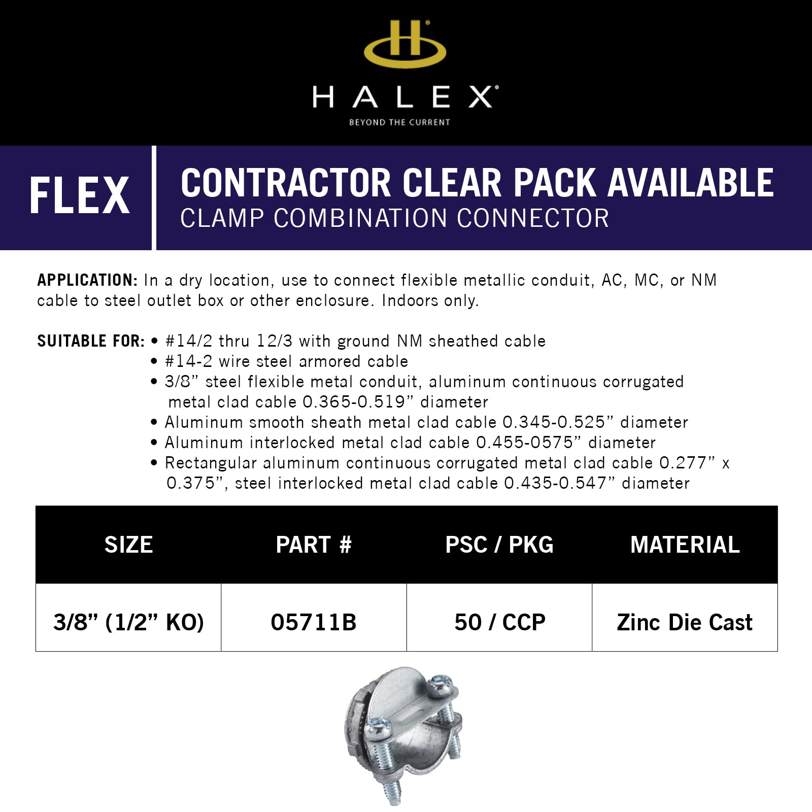 Halex 3/8 Inch Flexible Metal Conduit (FMC) Clamp Connector - 50 Pack (05711B) - Electrical Wiring & Conduit Fittings for Industrial, Commercial & Residential Use