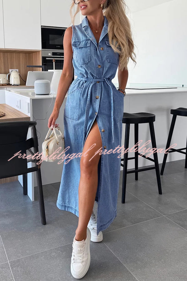 Solid Color Sleeveless Denim Midi Dress with Waist Tie & Pockets - Casual Summer Dress for Women, Perfect for Beach Outings, Picnics, and Weekend Brunch