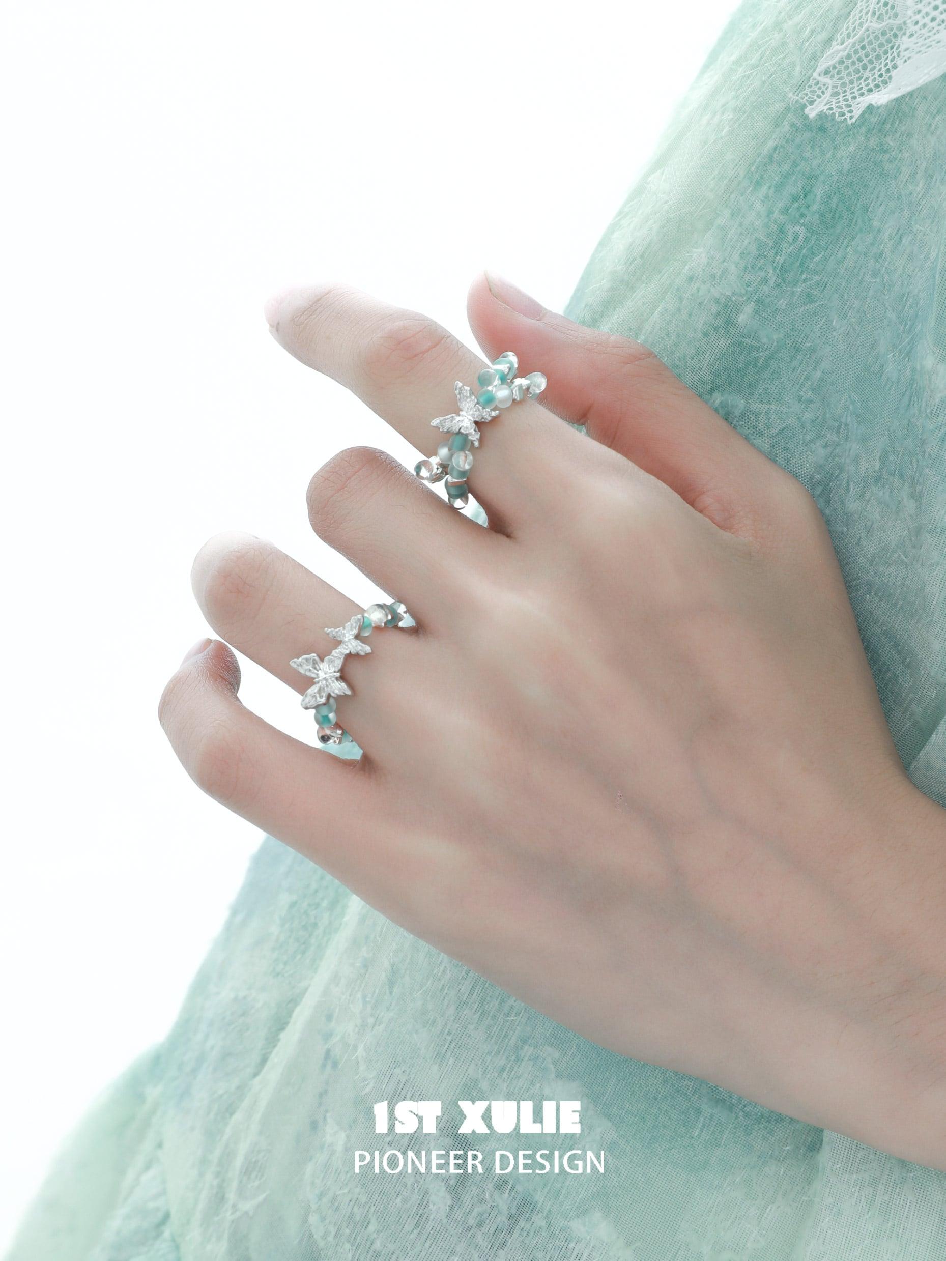 Whiterfly S925 Sterling Silver Beaded Butterfly Rings for Women - Elegant Adjustable Stackable Jewelry Gift for Her - Perfect for Weddings, Parties & Everyday Wear
