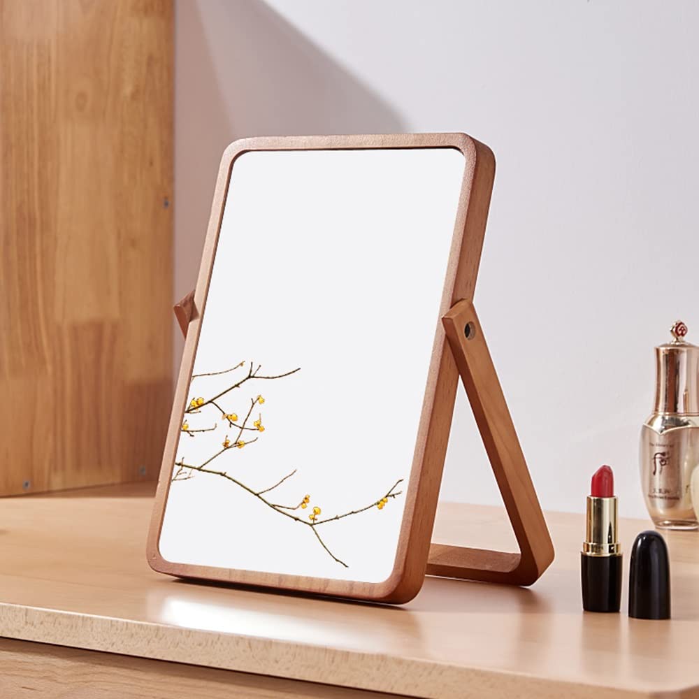 Vintage Large Square Makeup Mirror with Wooden Frame - Portable Folding Vanity Mirror for Home, Office & Travel - Wall Mount or Desktop Cosmetic Mirror - Perfect for Bathroom, Bedroom & Dressing Room