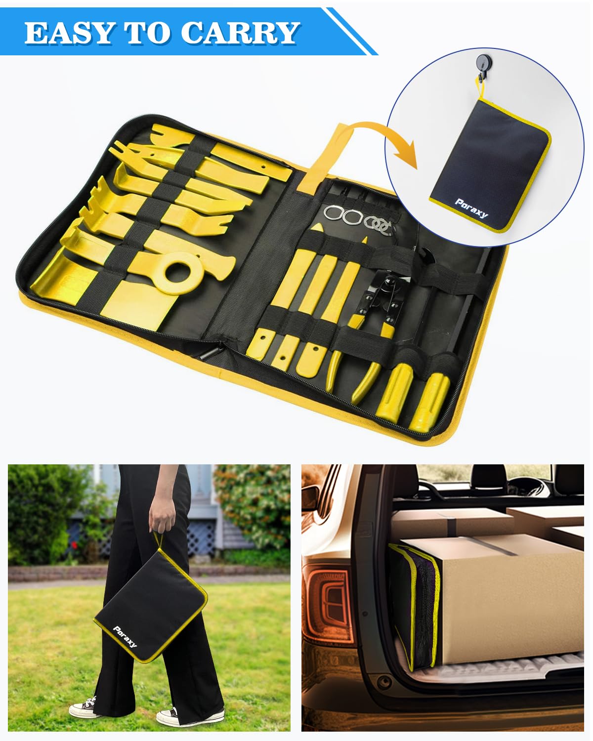 Poraxy 19-Piece Car Trim Removal Tool Kit - Auto Panel Door & Audio Fastener Pry Tool Set with Storage Bag - Perfect for Car Detailing, DIY Repairs & Stereo Installations