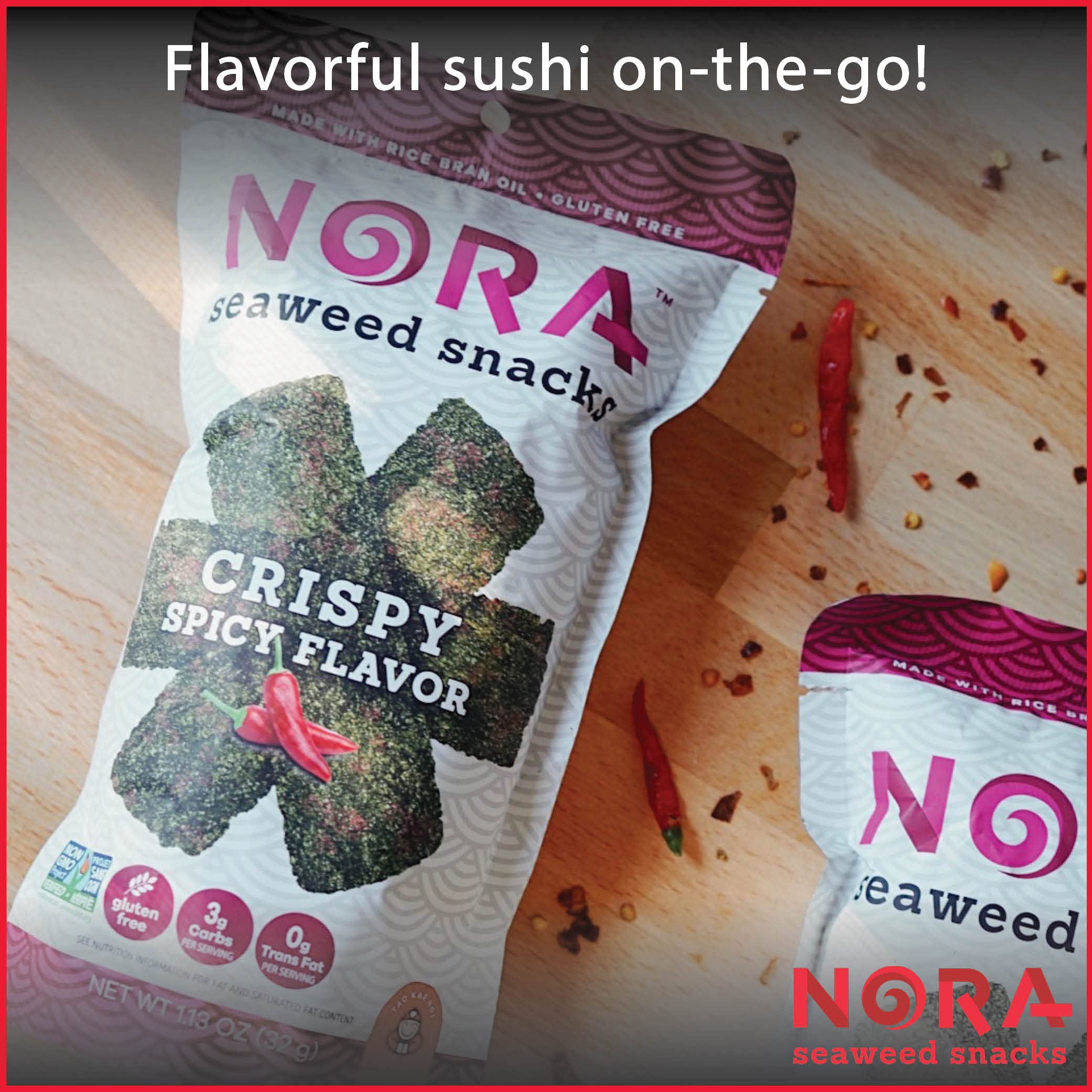Nora Crispy Spicy Seaweed Snacks - Thick Nori Sheets & Snack Strips | Low-Carb, Vegan, Gluten-Free, Non-GMO Healthy Snacks for Adults | Perfect for Keto Diet, Office Snacking & Asian Food Lovers | 6-Pack