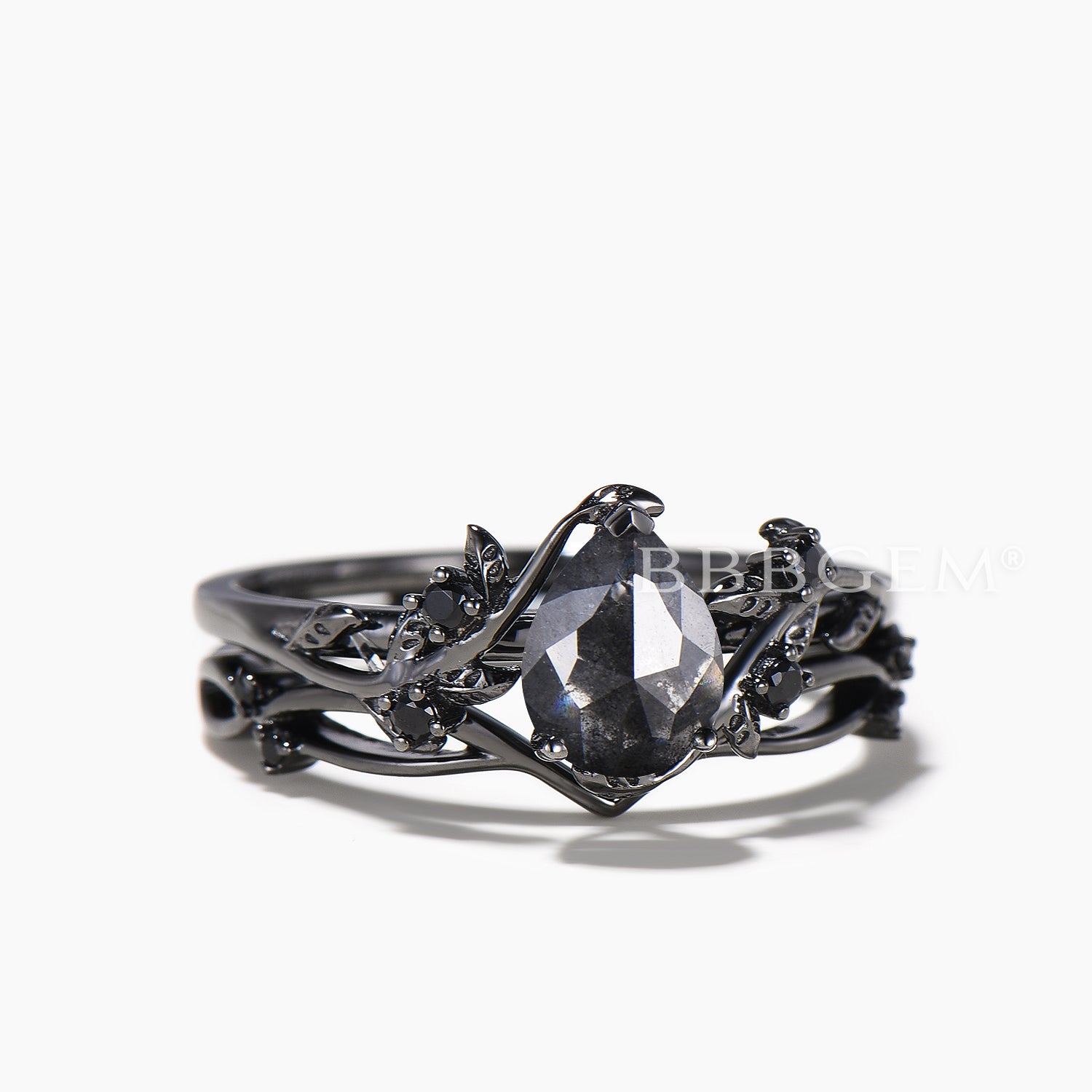 Pear Cut Salt and Pepper Diamond Engagement Ring - Natural Spinel Bridal Wedding Set for Nature-Inspired Proposal & Anniversary Gift