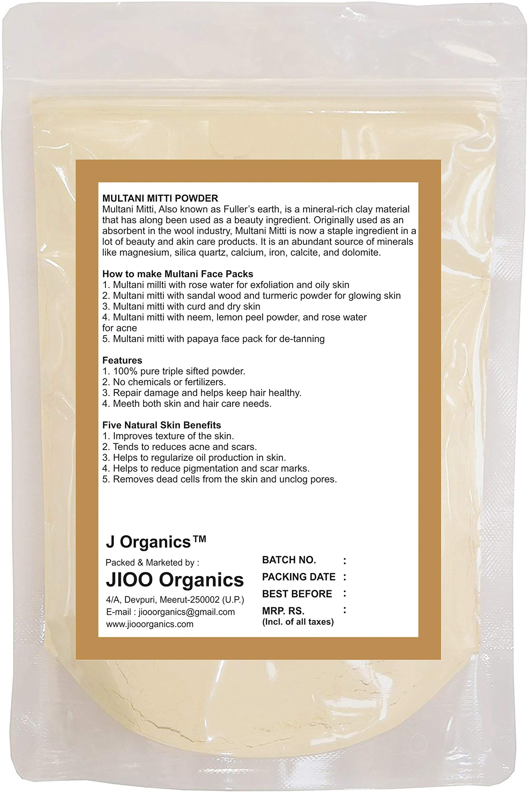 Jioo Organics Fuller Earth Multani Mitti Powder - 250g Natural Face & Hair Mask for Glowing Skin & Healthy Hair - Perfect for Deep Cleansing, Oil Control & Detoxifying