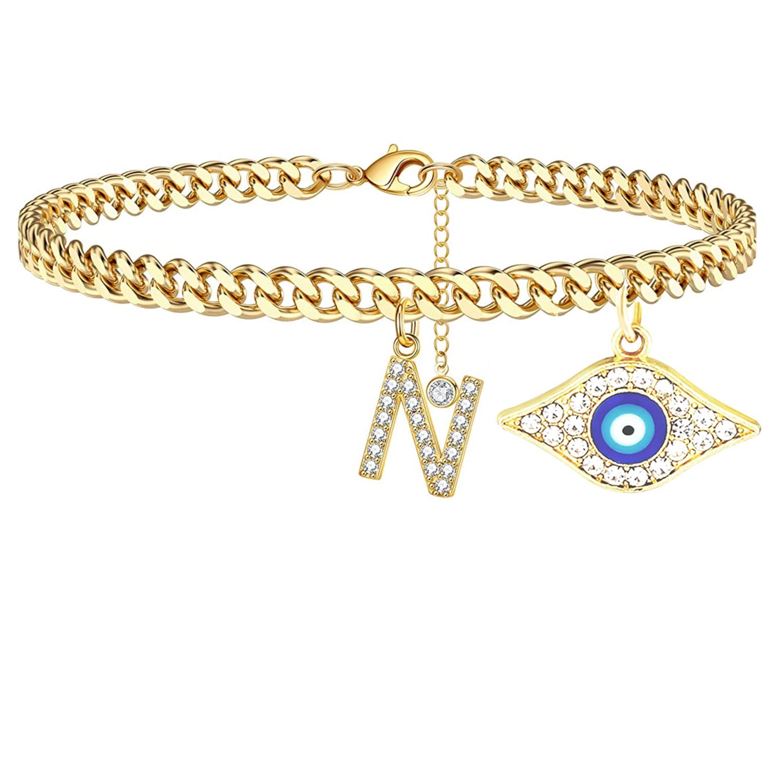 18K Gold Plated Dainty Cuban Link CZ Initial Anklet for Women - Evil Eye Protection Ankle Bracelet, Summer Jewelry Gift for Women & Teen Girls | Perfect for Beach Vacations, Parties & Everyday Wear