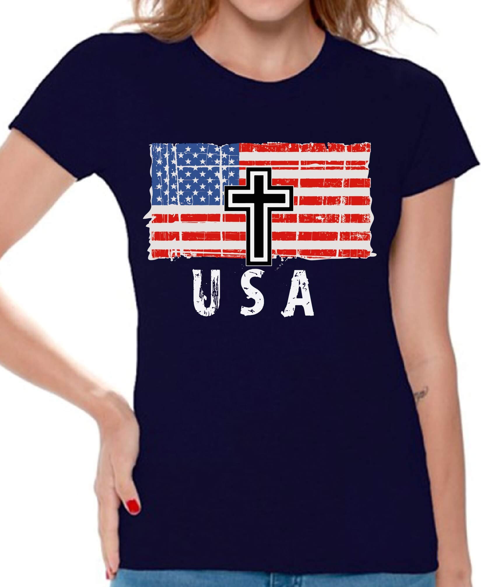 Awkward Styles Women's Cross USA American Flag T-Shirt - Red White & Blue Patriotic Graphic Tee for Women | Perfect for 4th of July, Memorial Day & Independence Day Celebrations