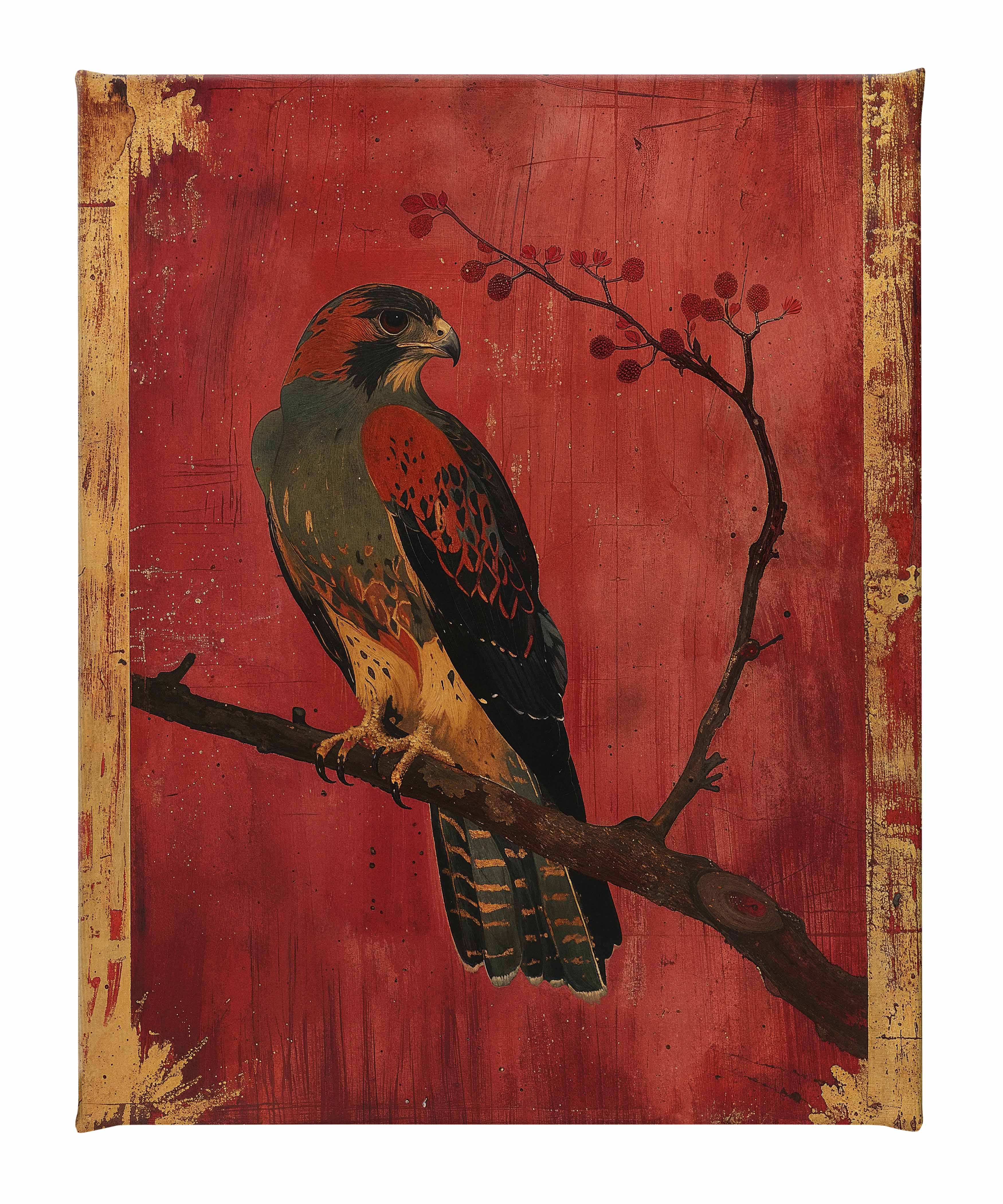 Crimson Majesty Falcon of the Silk Road Wall Art - Handmade Gallery Wrapped Canvas Painting for Living Room, Bedroom & Office Decor