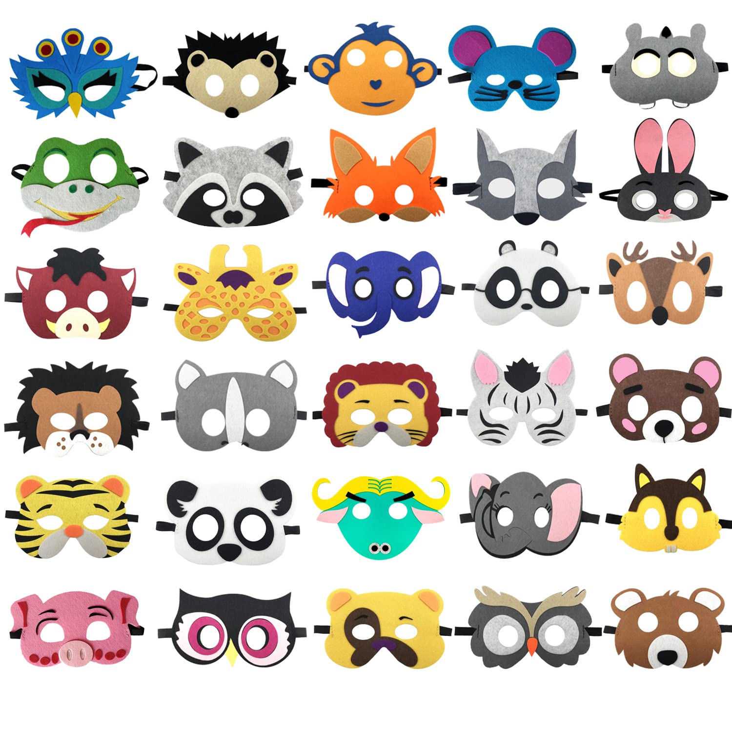 30 Pack Animal Felt Masks for Kids - Jungle Themed Party Favors, Dress Up Costume Accessories & Birthday Decorations - Perfect for Birthday Parties, Halloween, School Plays, and Role Play Games