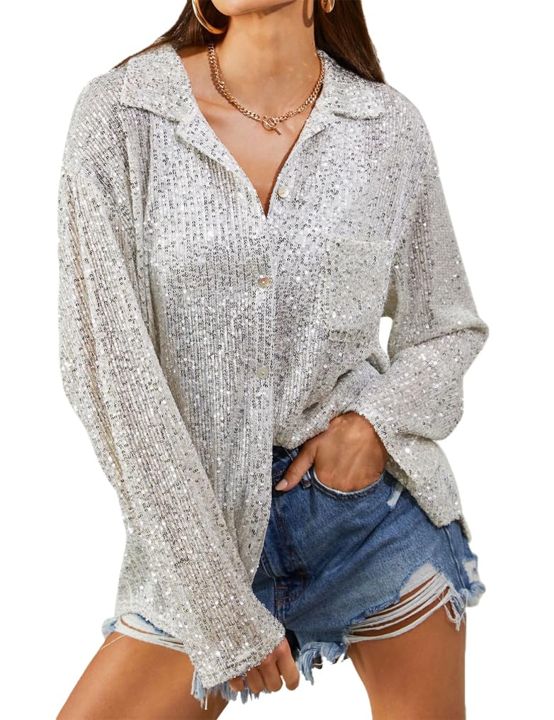 Women's Sparkly Sequin Button Front Shirt - Silver Glitter Collared Long Sleeve Blouse for Dinner Parties, Night Out & Special Occasions