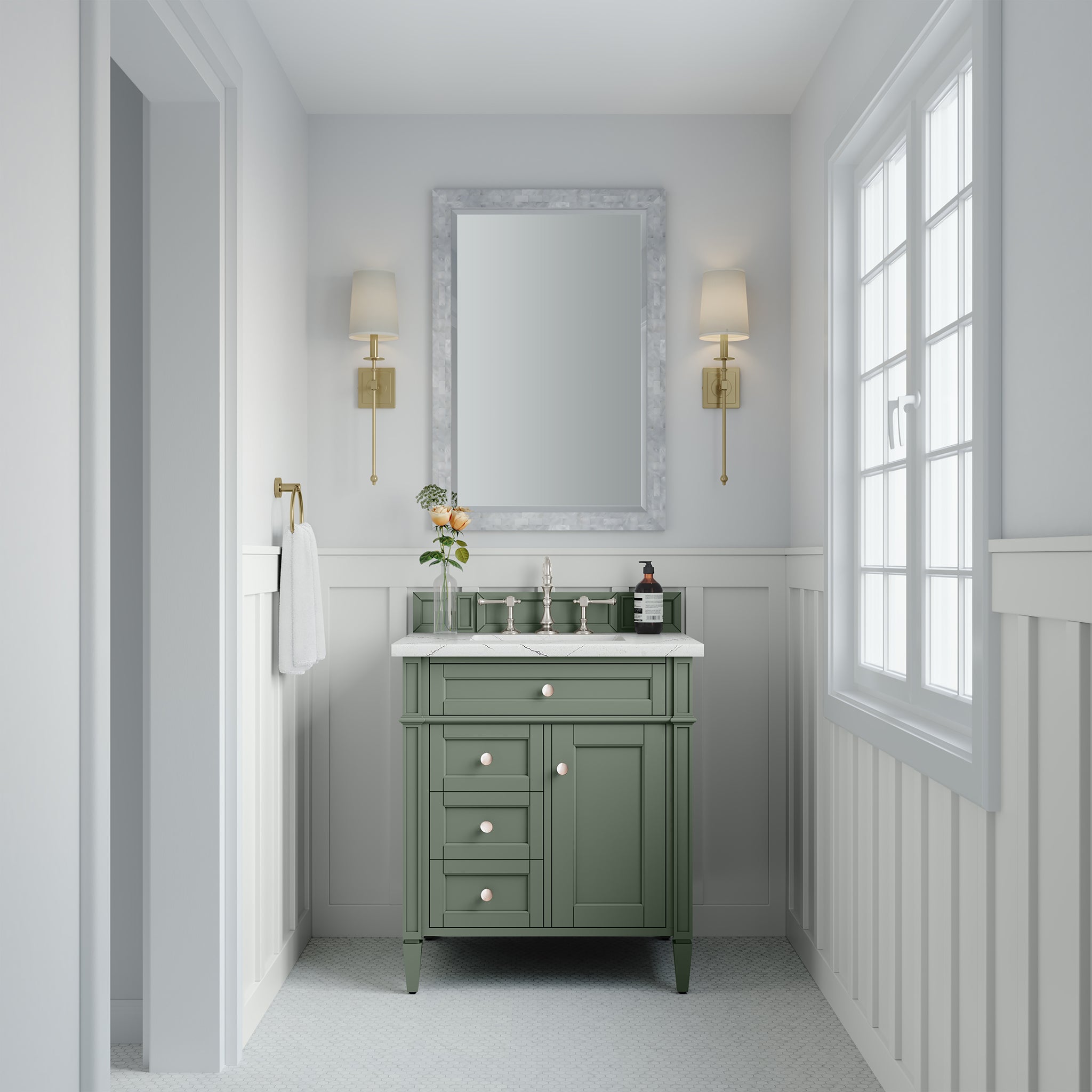 Brittany 30-Inch Single Bathroom Vanity in Smokey Celadon with 3CM Ethereal Noctis Quartz Top - Perfect for Modern Master Bathrooms & Powder Rooms