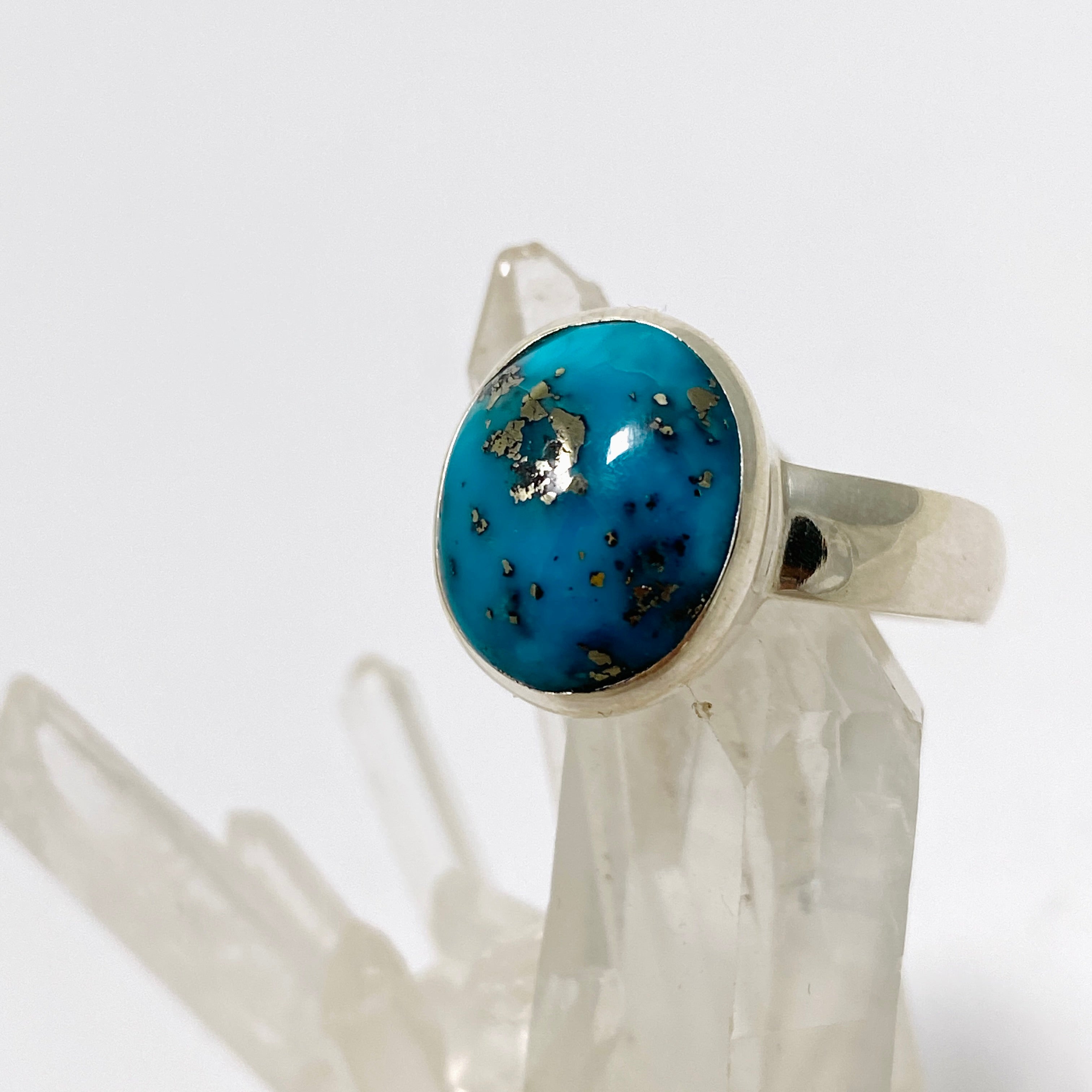 Natural Persian Turquoise with Pyrite Oval Cabochon Ring - Size 9.5 - Handmade Iranian Jewelry - Perfect for Boho Fashion & Gift Giving