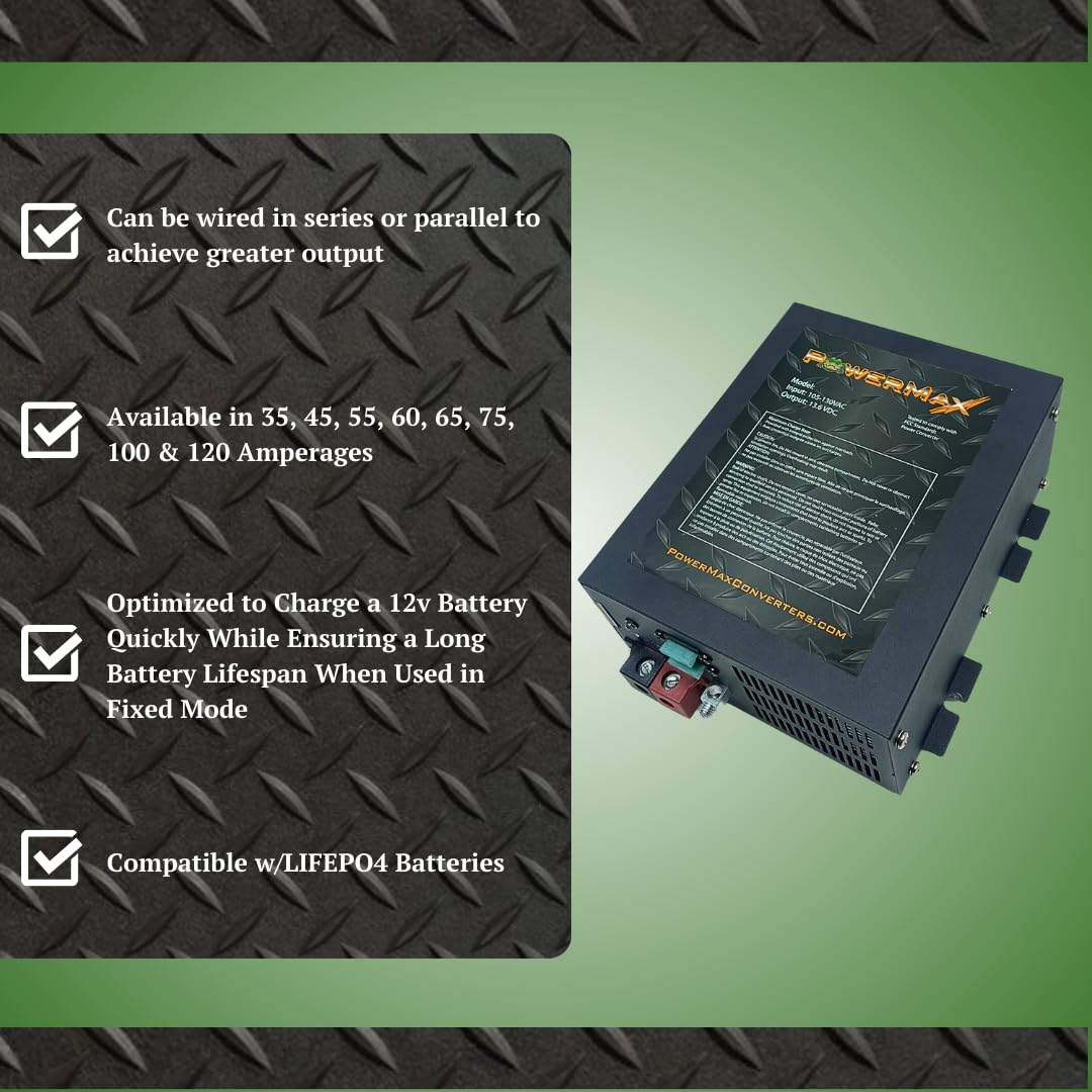 PowerMax PM3-45 45A Power Supply & Battery Charger - 110/120V AC to 0-12V DC Converter with 3-Stage Smart Charging, Cooling Fan & LED Indicator - Compatible with Lithium Batteries - Perfect for RV, Marine, Solar & Off-Grid Power Systems