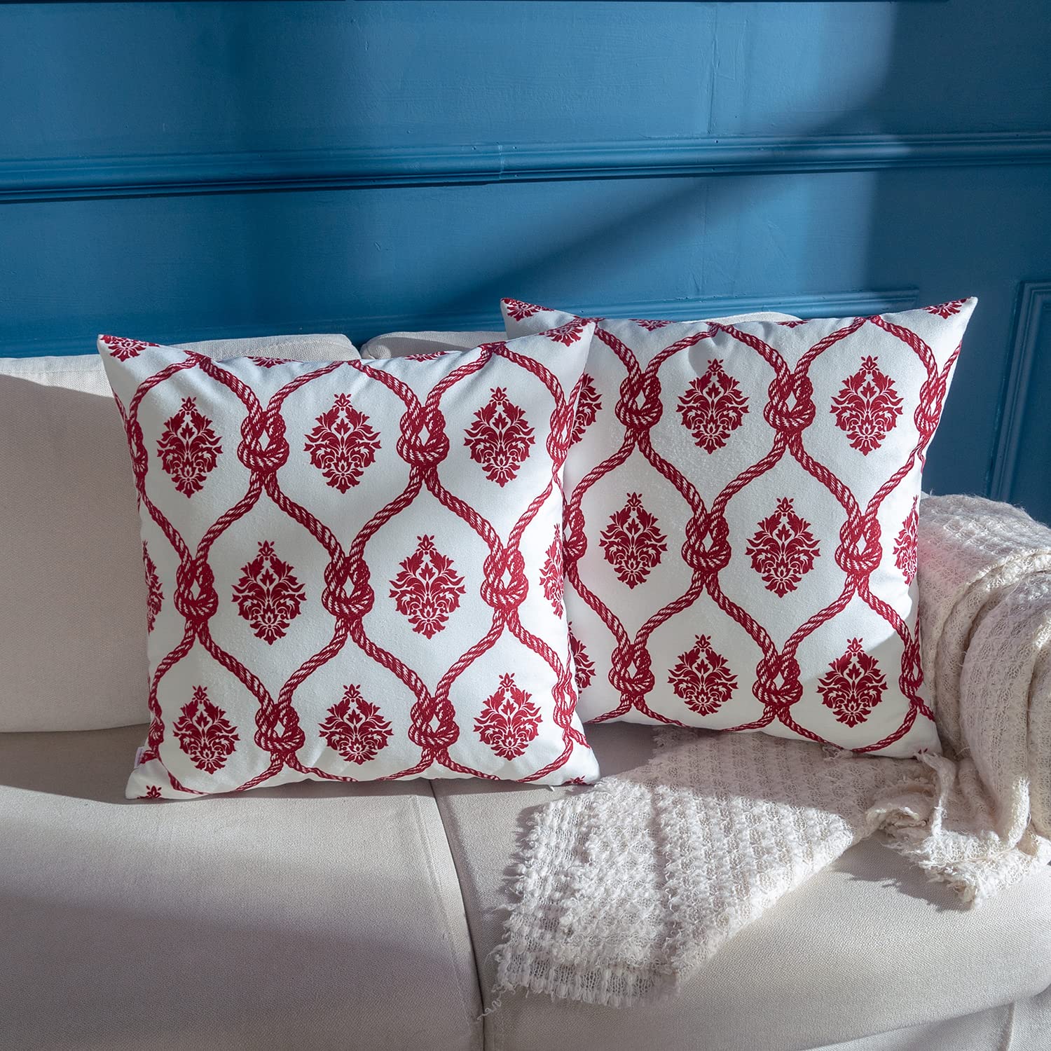 Soft Plush Red Throw Pillow Cover 20x20 - Modern Boho Farmhouse Decorative Cushion Case with Pattern Printing - Set of 2 for Sofa, Living Room, Bed & Couch Decor - Cozy Home Accent for Spring & All Seasons