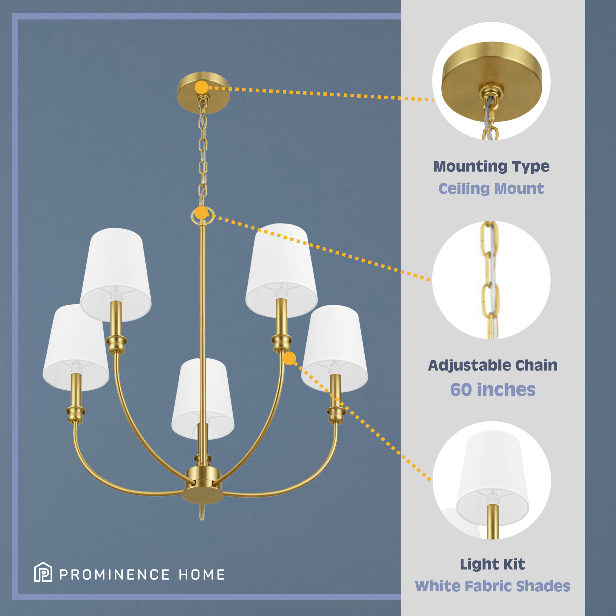 5-Light Brushed Gold Billet Chandelier with Fabric Shades - Modern Ceiling Light Fixture for Dining Room, Living Room, Bedroom & Foyer Decor