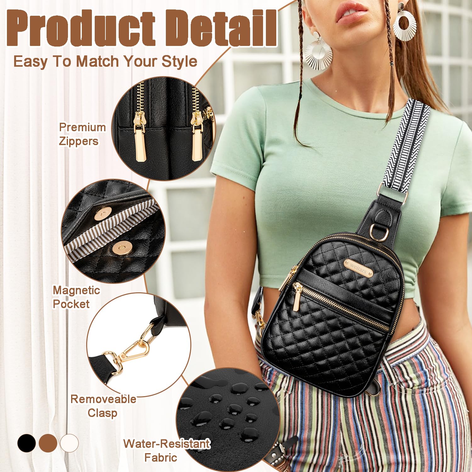 Stylish Weitars Leather Crossbody Sling Bag for Women - Fashionable Fanny Pack Waist Bag with Adjustable Strap for Travel, Sports & Daily Use (Black) - Perfect for Gym, Running, Shopping & Outdoor Activities