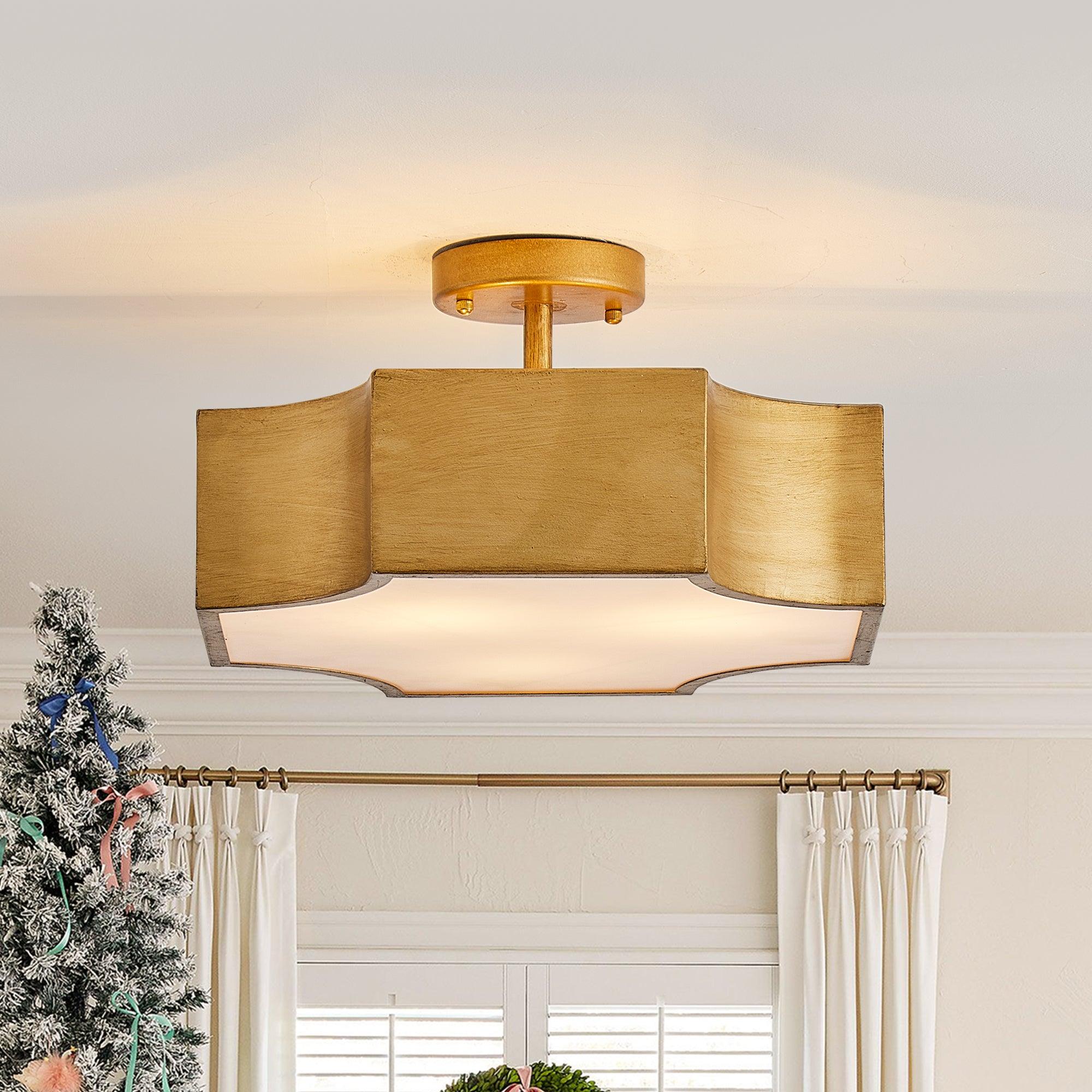 Vintage Golden LED Semi Flush Mount Ceiling Light Fixture - 3 Lights, Energy Efficient, Warm White - Perfect for Entryway, Hallway, Closet, Kitchen, Bedroom, and Dining Room Lighting