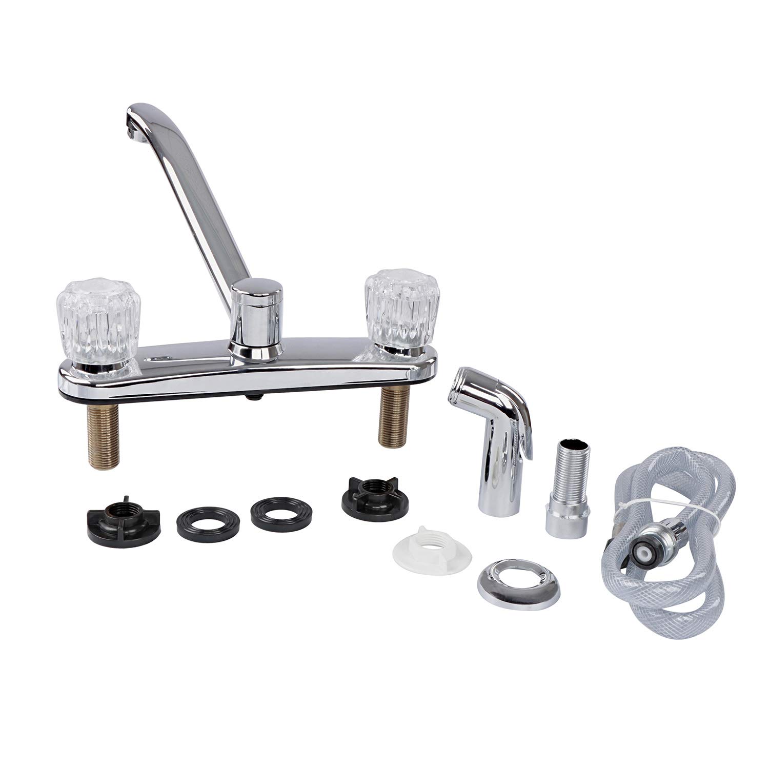 Empire Faucets Plastic RV Faucet with Sprayer - Chrome RV Kitchen Sink Faucet Replacement - 2 Handle 4 Hole 8 Inch Chrome Finish - Perfect for RV, Camper, and Mobile Home Kitchen Upgrades
