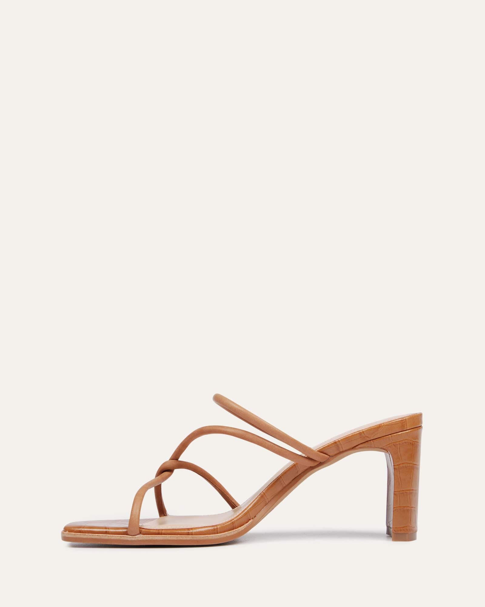 NOVI Women's Mid Heel Sandals - Tan Leather Comfortable Dressy Summer Shoes for Weddings, Parties & Office Wear