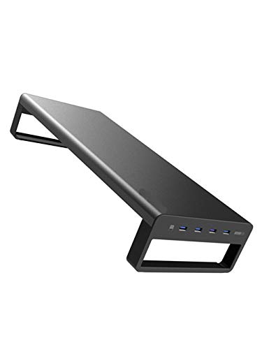 Aluminum Monitor Stand Riser with 4-Port USB 3.0 Hub & Charging Station | Ergonomic Laptop Desk Organizer with Keyboard Storage | Perfect for Home Office & Gaming Setup (Black)