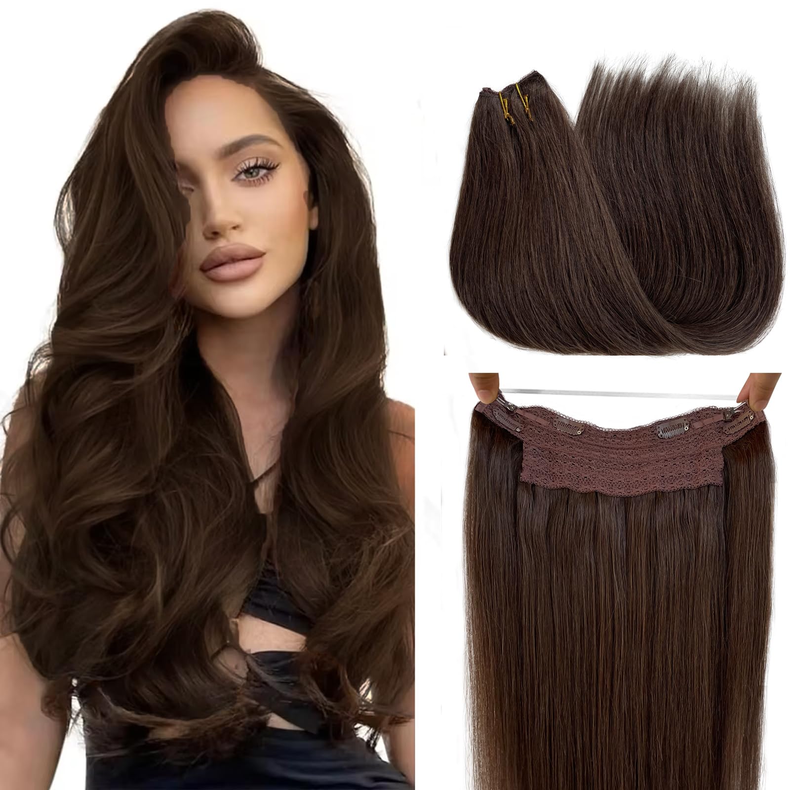 Premium 22 Inch Dark Brown Human Hair Extensions with Invisible Wire - 100g Real Human Hair Halo for Women | Perfect for Parties, Weddings & Everyday Styling