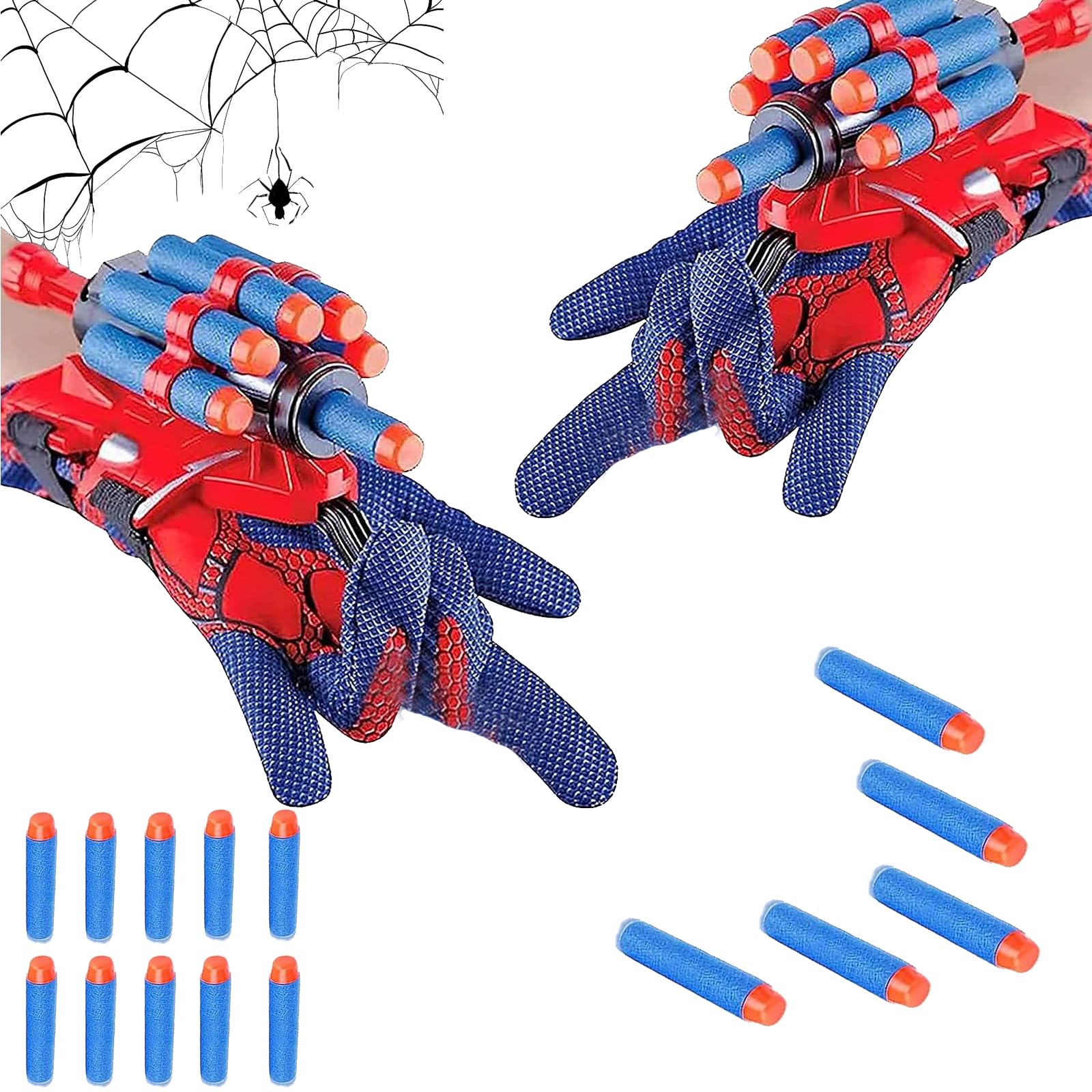 PTBWS Set of 2 Spiderman Web Shooter Gloves - Spiderman Cosplay Accessories, Hero Wrist Launcher Toys for Kids - Educational Role Play Gift for Birthday & Halloween Costume (Blue)